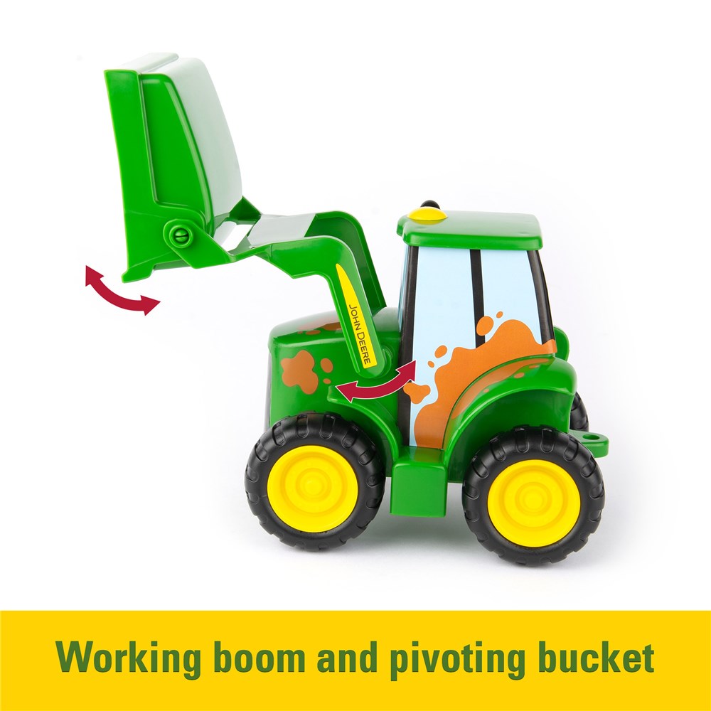 John Deere Farmin Friends Assortment. Toy tractor with working boom and pivoting bucket on a white background