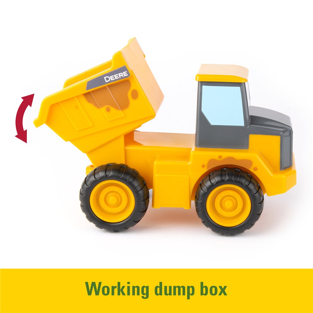 John Deere Farmin Friends Assortment. Toy dump truck with a working dump box feature on a white background