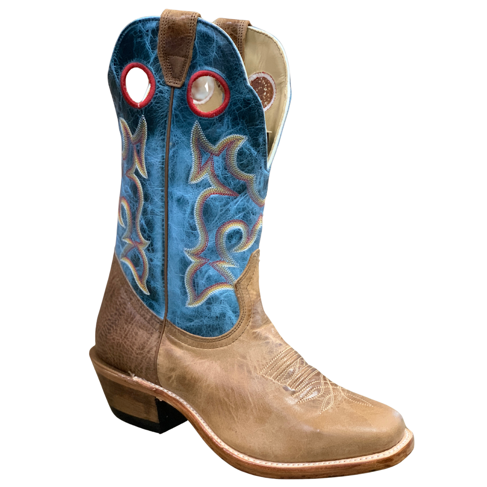 Boulet Men's Roughstock Western Boot. Tan cowboy boot with blue insole on a white background
