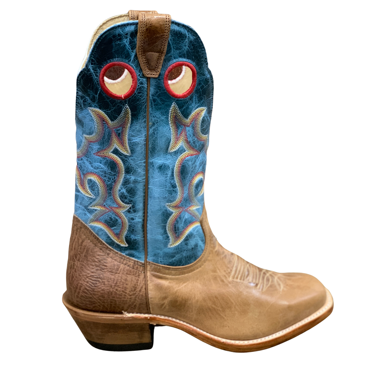 Boulet Men's Roughstock Western Boot. Tan cowboy boot with blue insole on a white background