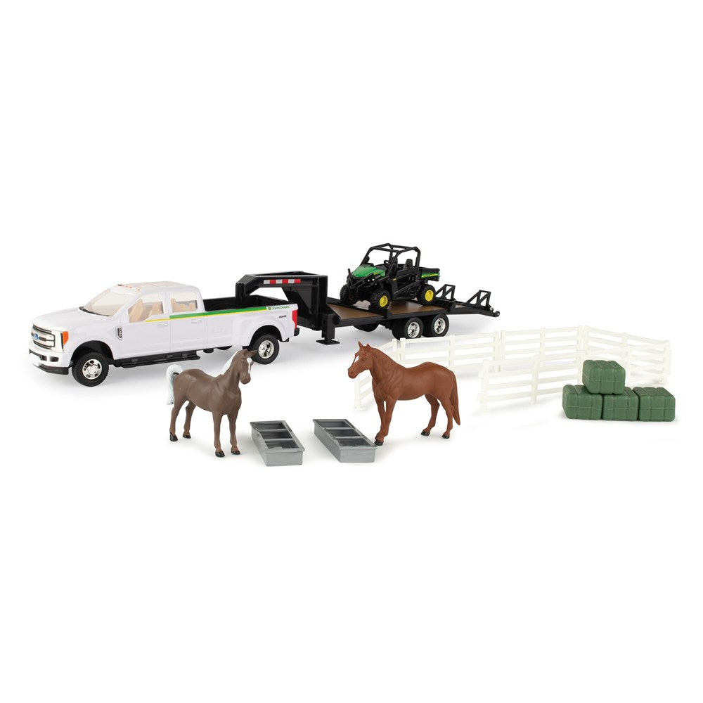 1:32 John Deere RSX860i Gator Hauling Set w/Ford Pickup And Trailer. Toy truck with trailer, horses, and farm equipment on a white background