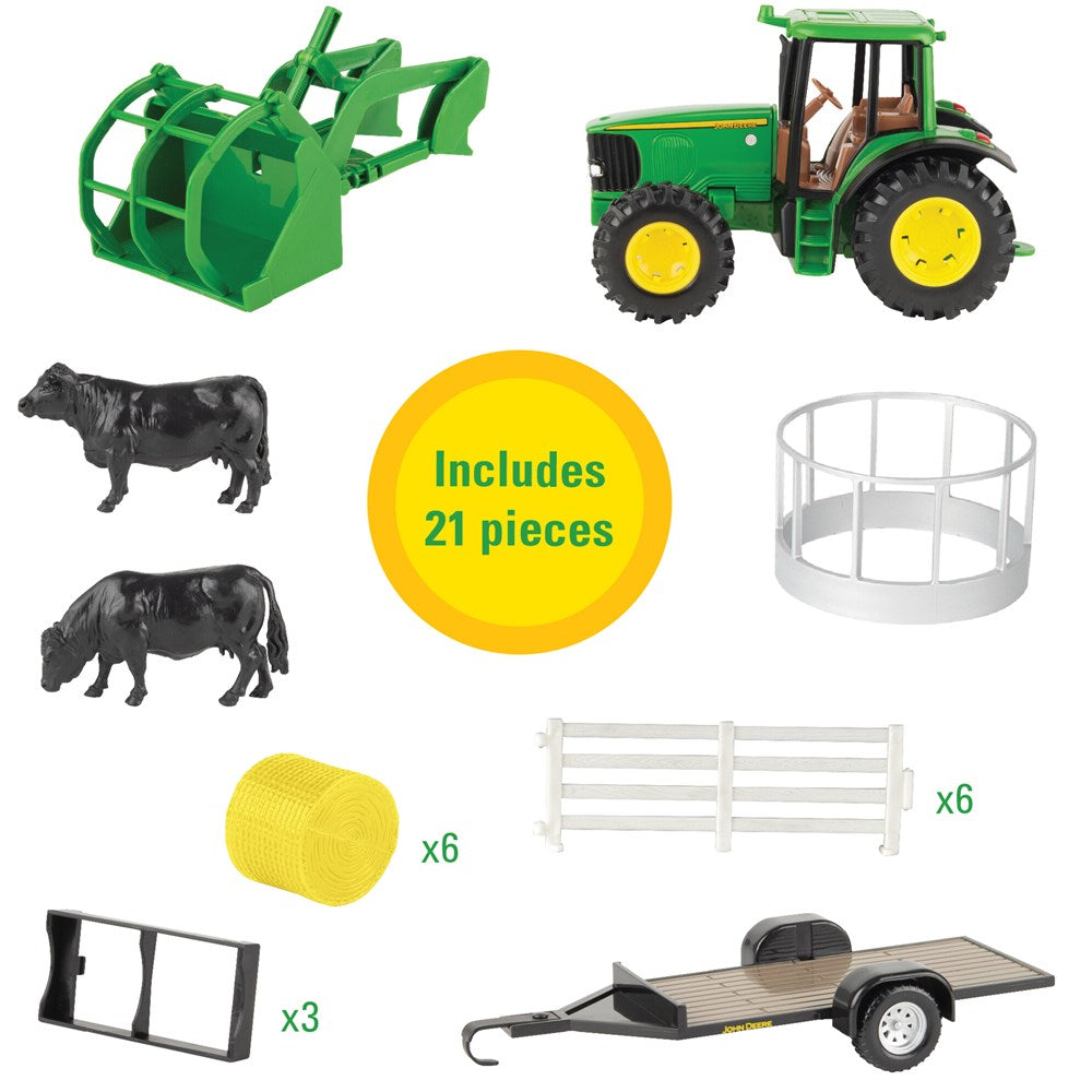 1:32 John Deere Hay Farm Set. Toy tractor and farm accessories on a white background with 'Includes 21 pieces' text.