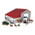 John Deere 1:32 Weathered Barn Play Set. Toy stable set with red roof, gray walls, and toy vehicles on a white background