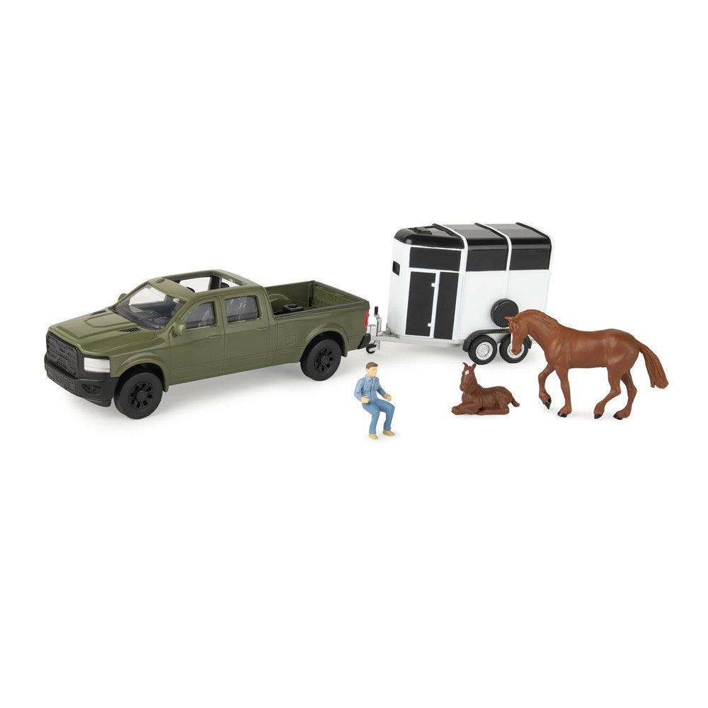 John Deere 1:32 Horse Trailer Set. Toy green pickup truck with a trailer, two horses, and a person figure on a white background