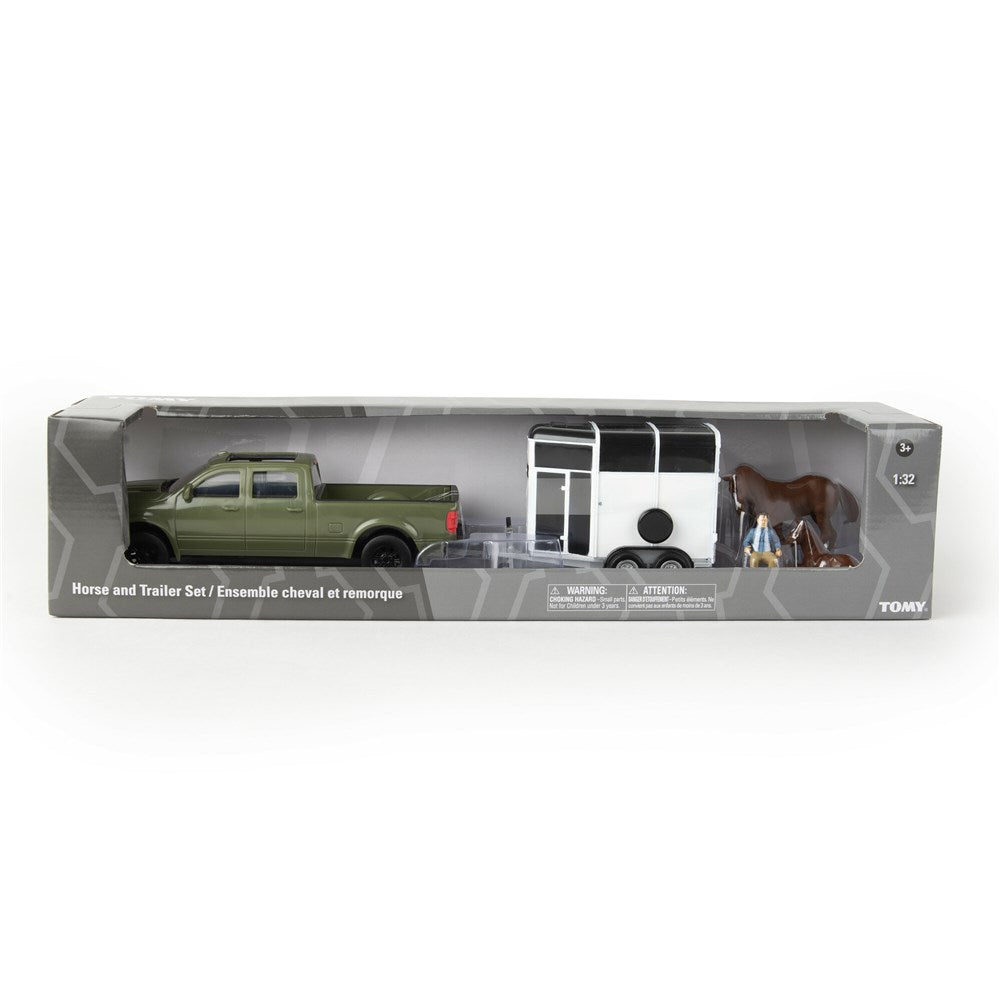 John Deere 1:32 Horse Trailer Set. Model toy set of a truck with a trailer and horse in packaging on a white background
