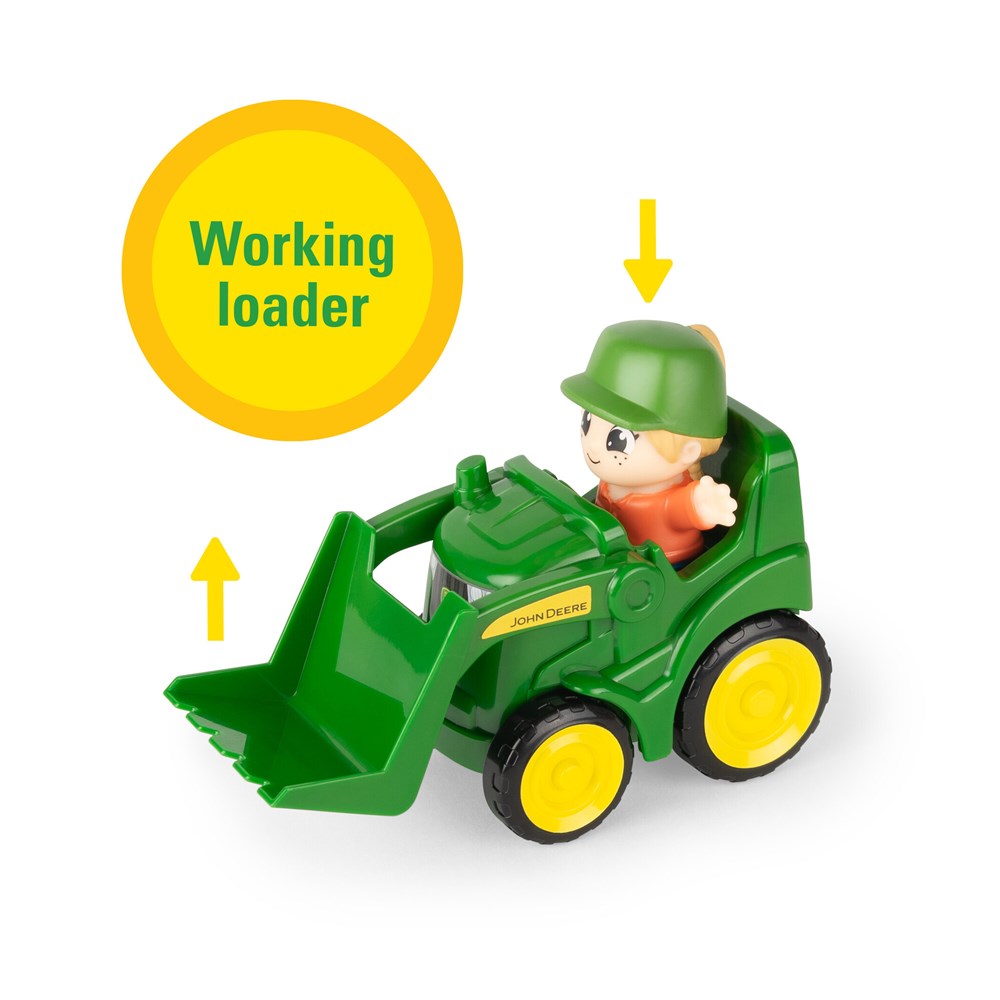 Toy bulldozer with a driver figure on a white background, labeled 'Working loader'.
