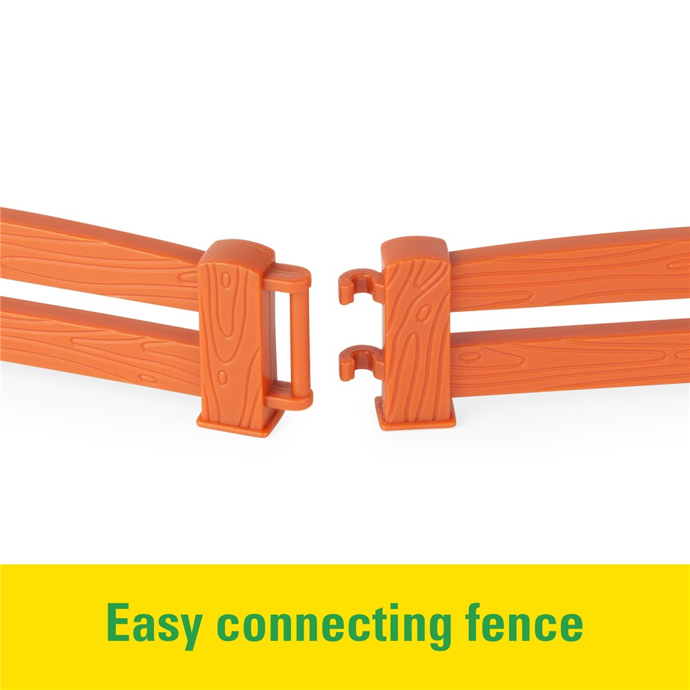 Orange plastic fence connectors with text 'Easy connecting fence' on a white background