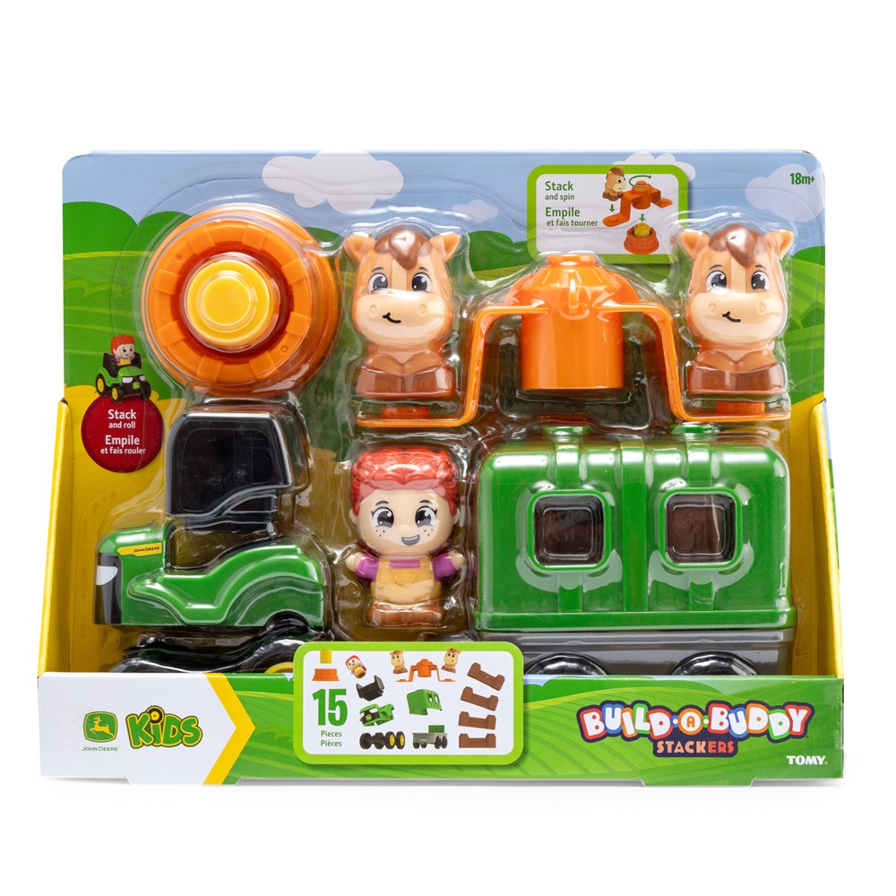 Toy set packaging with animals and vehicles on a green and orange background