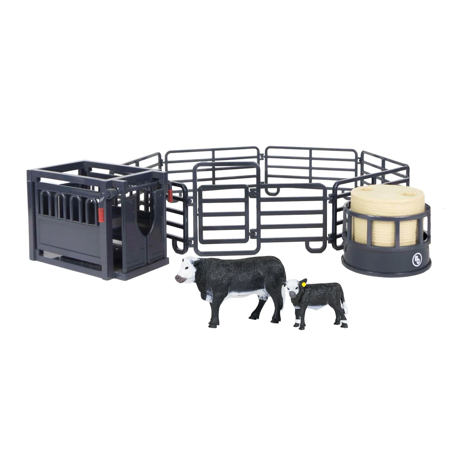 Big Country Toys 12 Piece Small Ranch Set. Model of a livestock pen with crates and cows on a white background