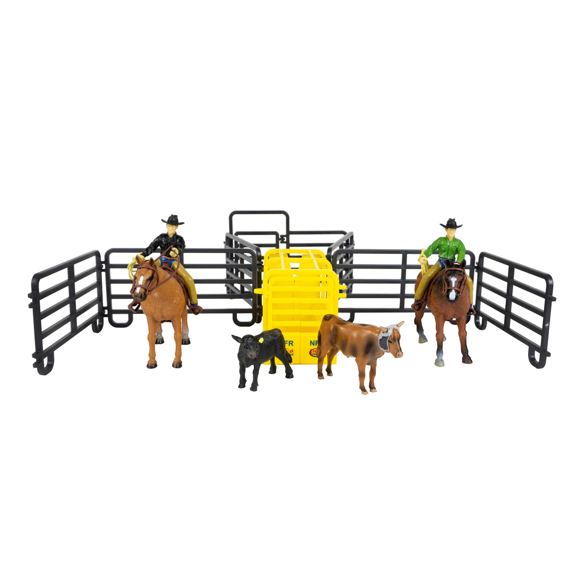 Big Country 14-Piece Roper Set. Toy set with two cowboys on horses, a yellow barrel, and animals inside a black metal gate on a white background.
