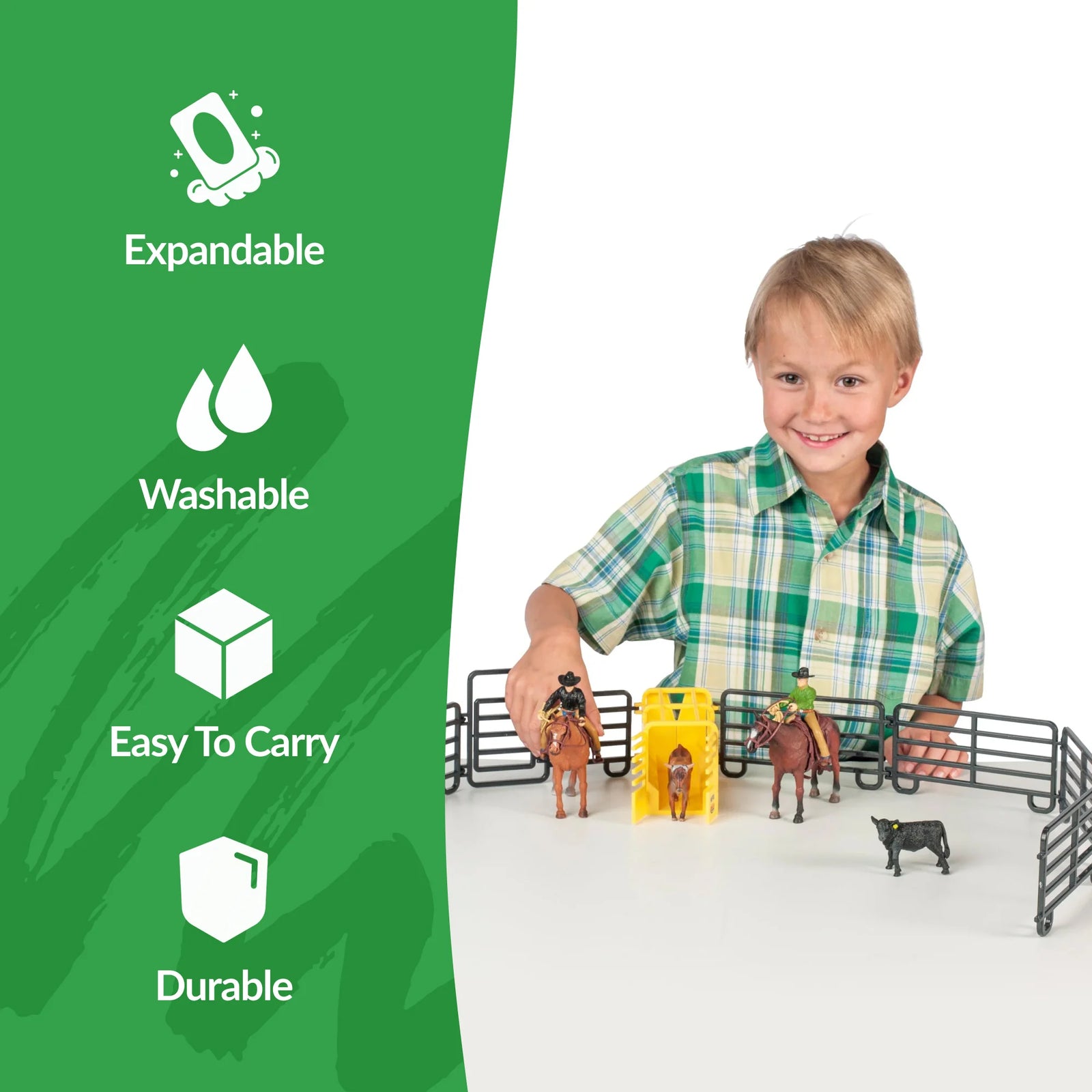 Big Country 14-Piece Roper Set. Toy set with two cowboys on horses, a yellow barrel, and animals inside a black metal gate on a white background.