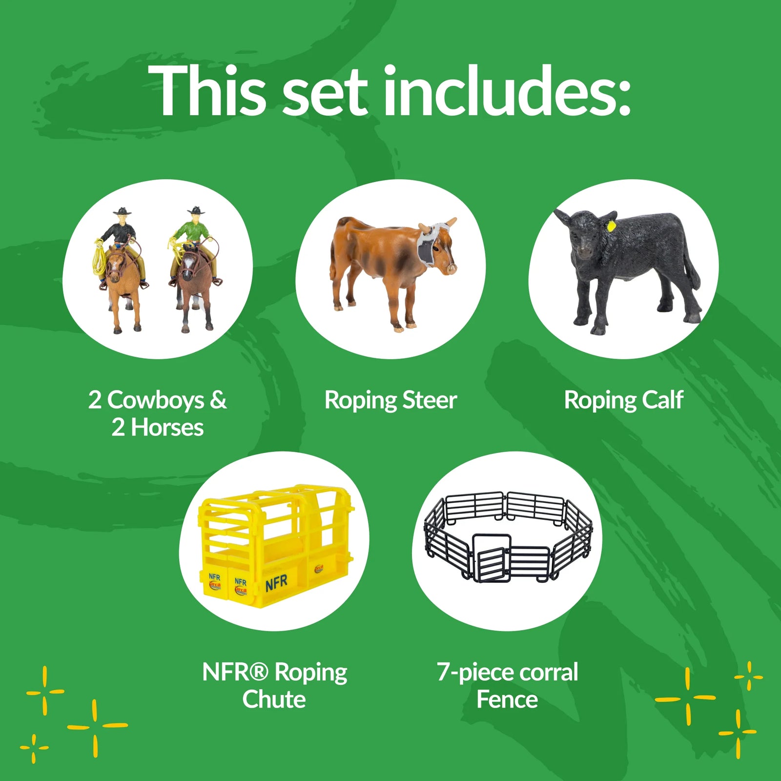 Big Country 14-Piece Roper Set. Set contents including 2 cowboys, 2 horses, roping steer, roping calf, NFR roping chute, and 7-piece corral fence on a green background.