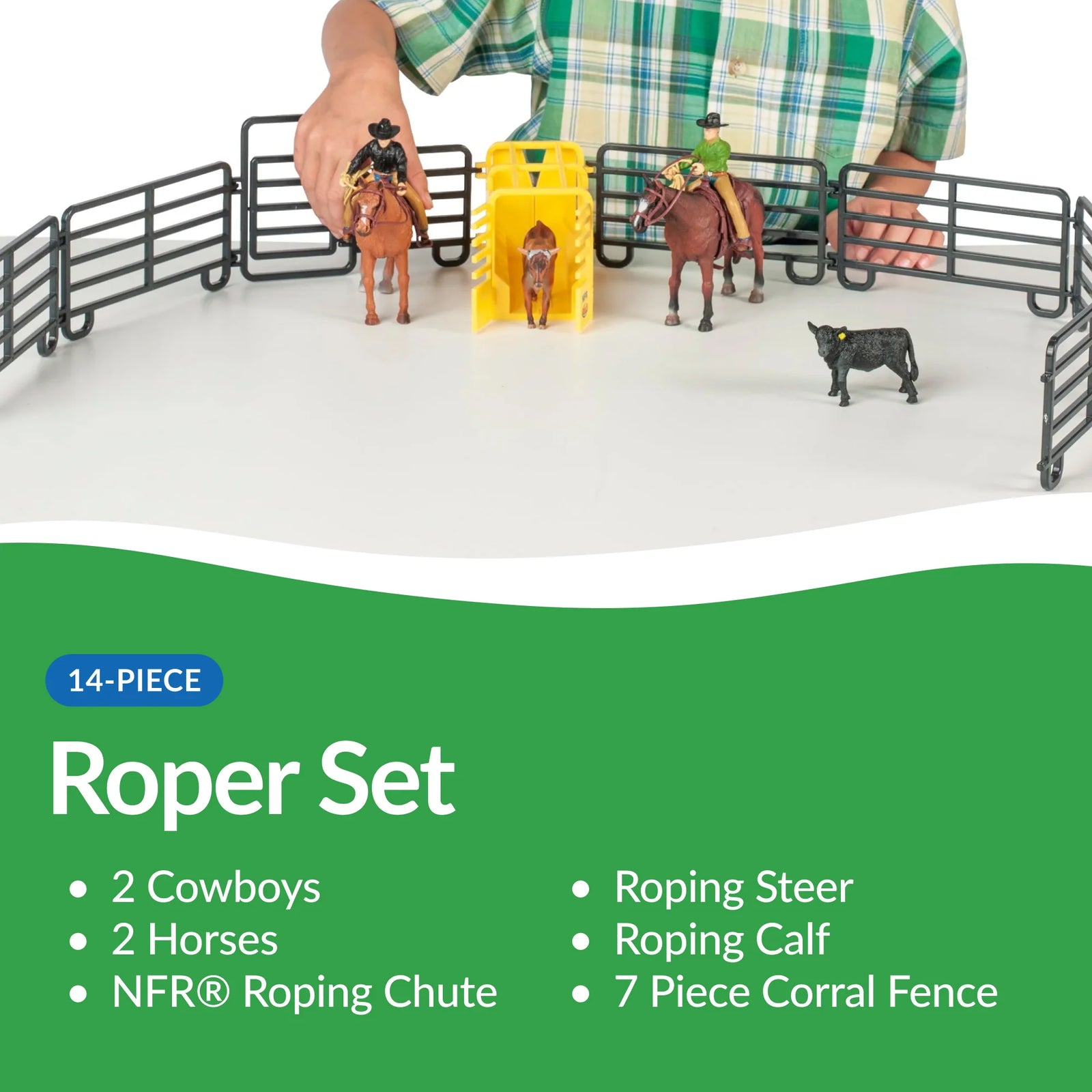 Big Country 14-Piece Roper Set. Toy set with cowboys, horses, and a roping chute on a white background