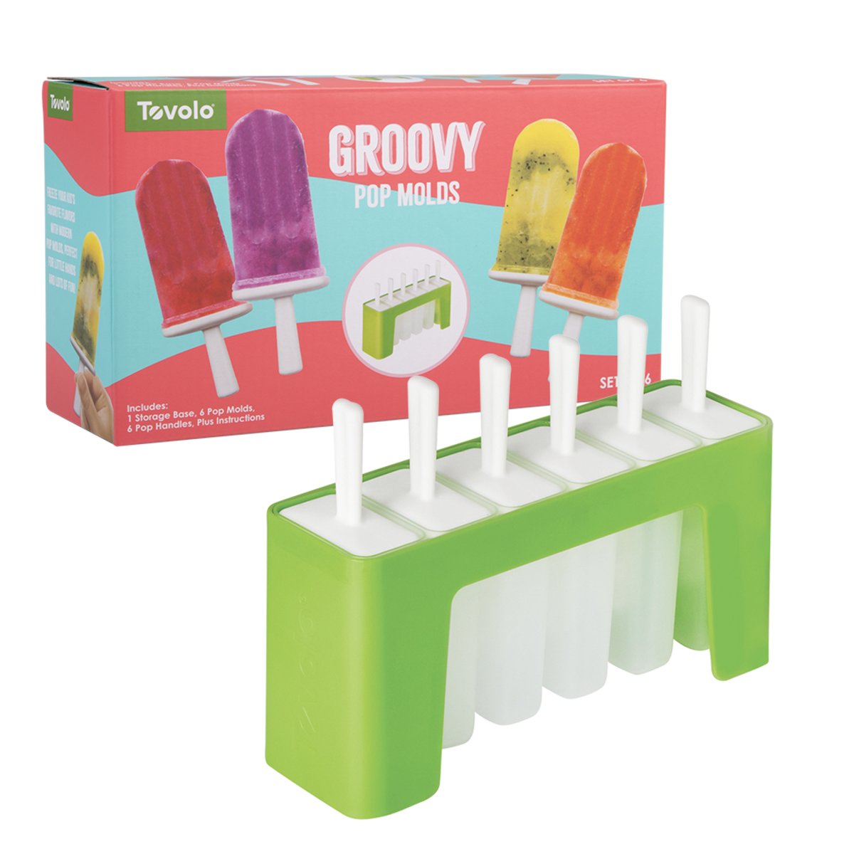 Tovolo Groovy Pop Molds set with a bright green plastic mold holder and six white plastic popsicle sticks, shown in front of its pink and red retail box featuring colorful popsicle illustrations.