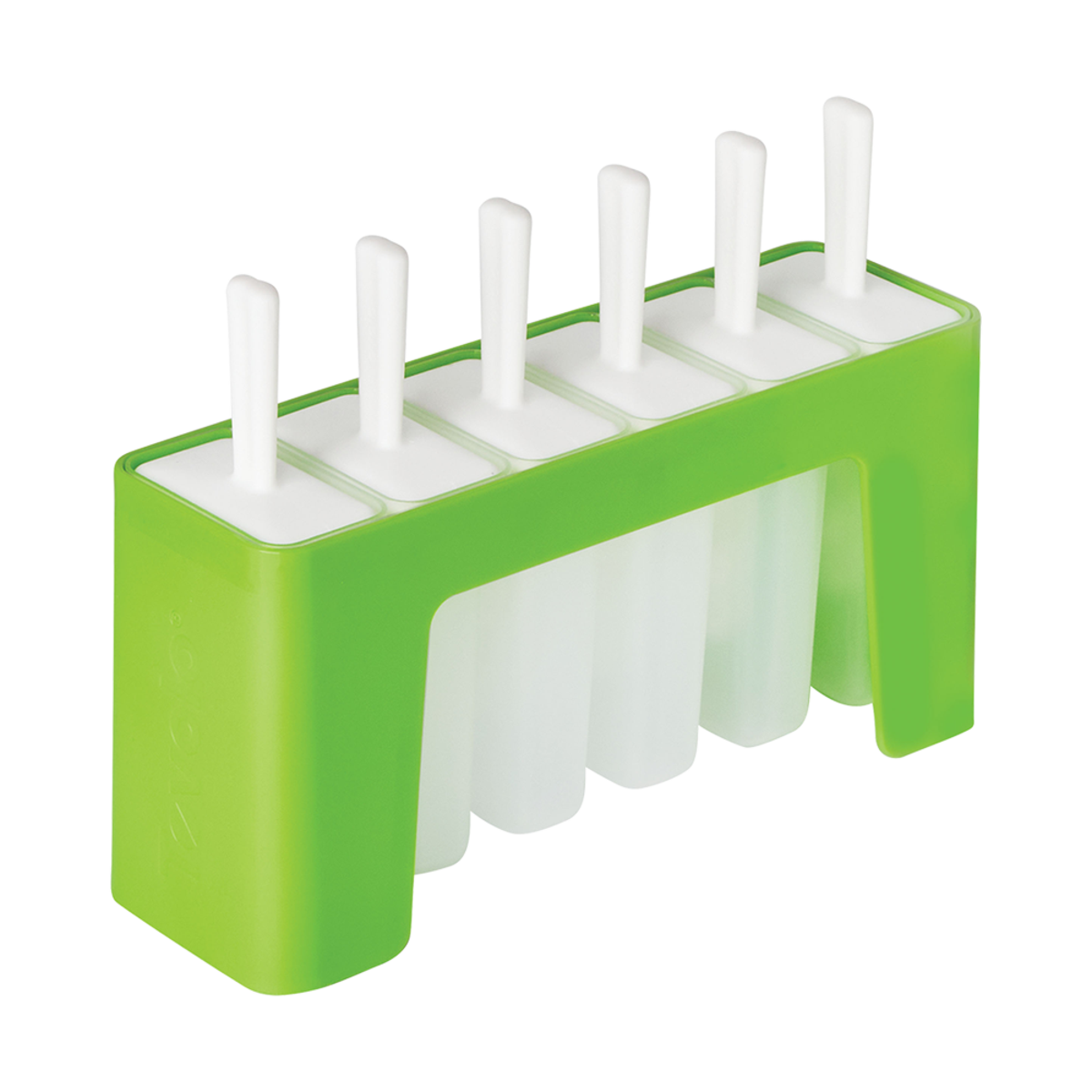 A bright green plastic popsicle mold with six white molds filled with liquid, shown on a clean white background.