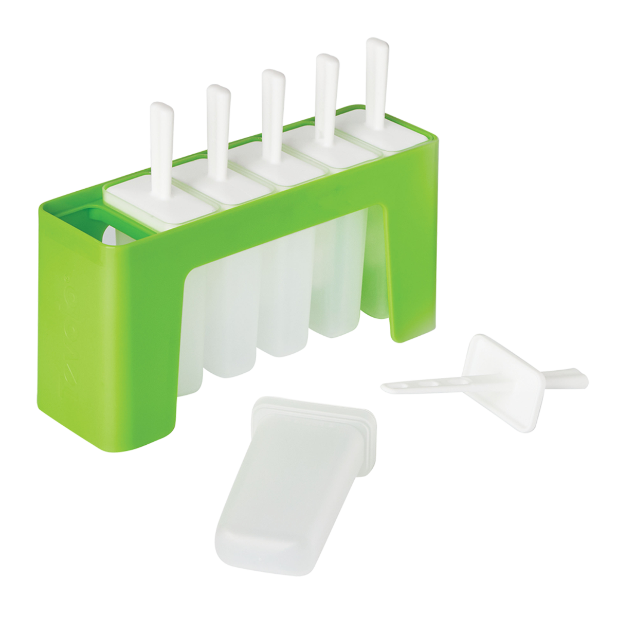 A green and white plastic popsicle mold set with six slots, shown with two white plastic sticks and a separate white lid on a clean white background.