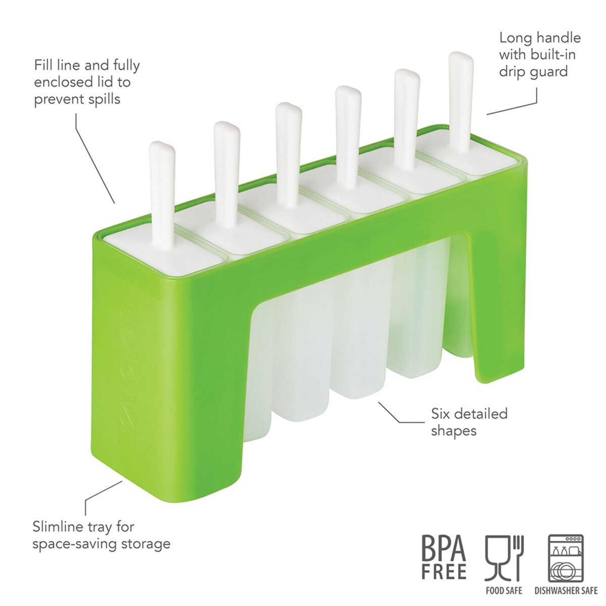 A six-compartment popsicle mold in bright green and translucent white, shown with callout lines and text explaining features like the enclosed lid, drip guard, slim tray, and six different popsicle shapes. BPA-free and safety icons appear at the bottom right.