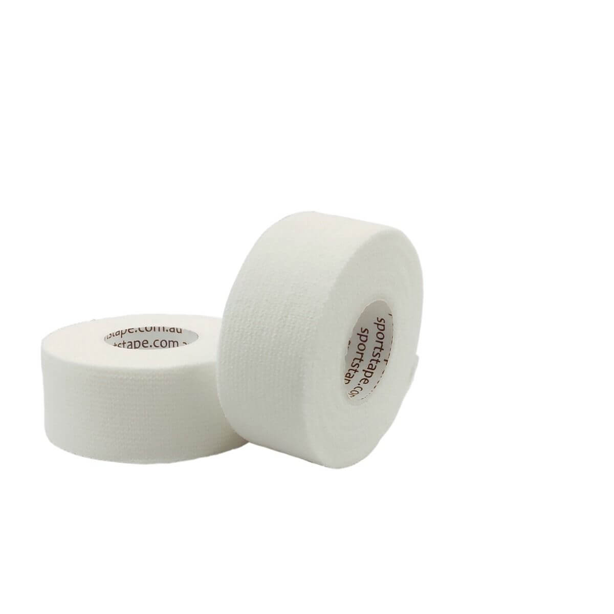 25mm White Strapping Tape. Two rolls of white strapping tape, one rolled up and the other lying flat, on a plain background.