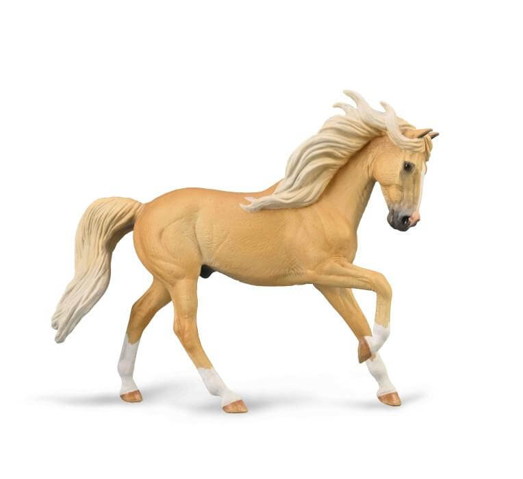 A figurine of a Collecta Andalusian Stallion in mid-gallop with a beige body, white hooves, and a golden mane and tail.