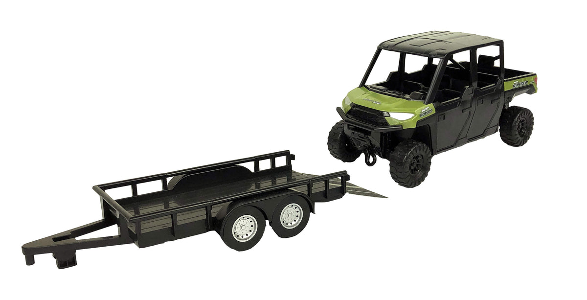 Big Country Toys Polaris Ranger. A toy set featuring a green and black Polaris Ranger ATV with a trailer, two deer figures, a hunting rifle, and a tree stand.