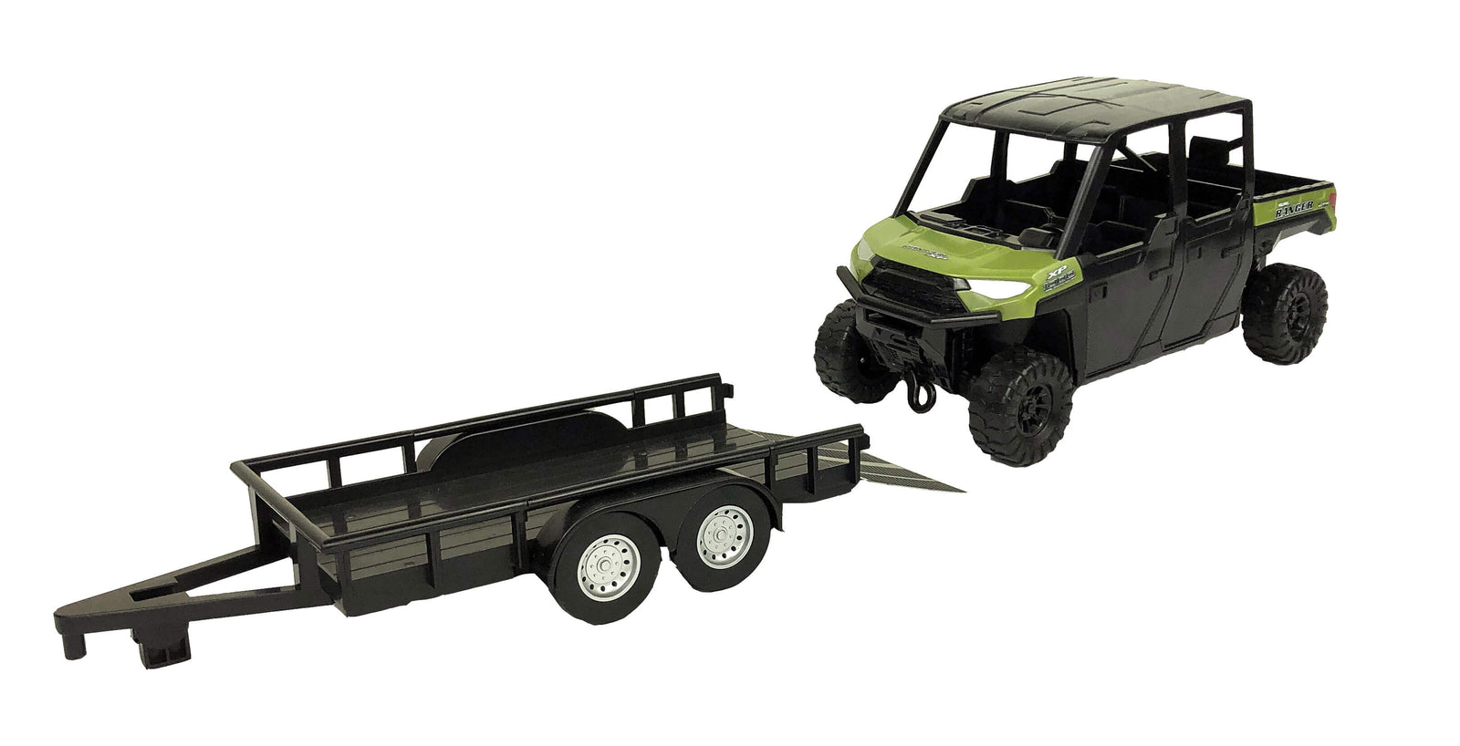 Big Country Toys Polaris Ranger. A toy set featuring a green and black Polaris Ranger ATV with a trailer, two deer figures, a hunting rifle, and a tree stand.