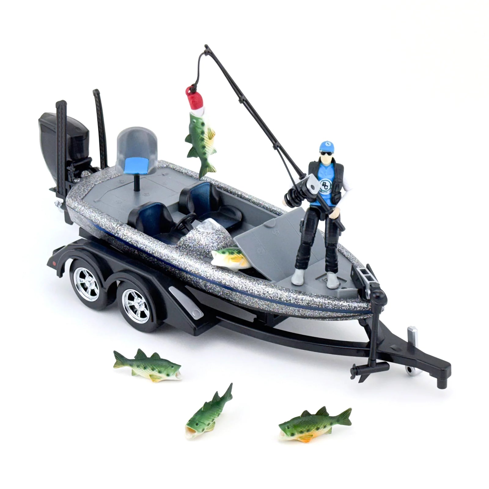 Big Country Toys Bass Fishing Set - 11pc. Toy fishing boat with figures and accessories on a white background