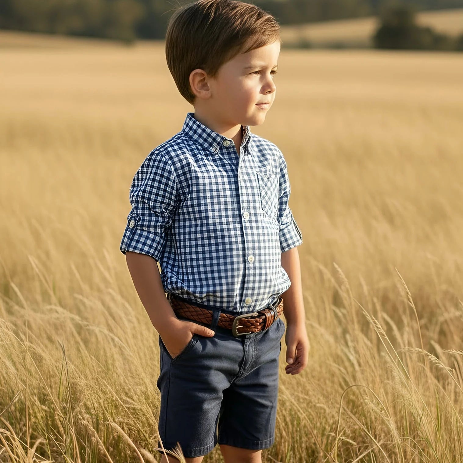 A young boy standing in a golden wheat field, wearing a blue and white gingham button-down shirt, dark denim shorts, and a brown belt.