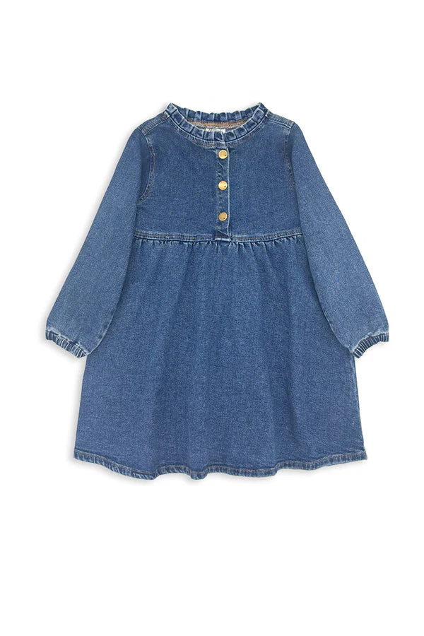 Blue denim dress with long sleeves on a white background