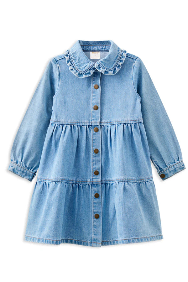 Light blue denim dress with a ruffled collar on a white background