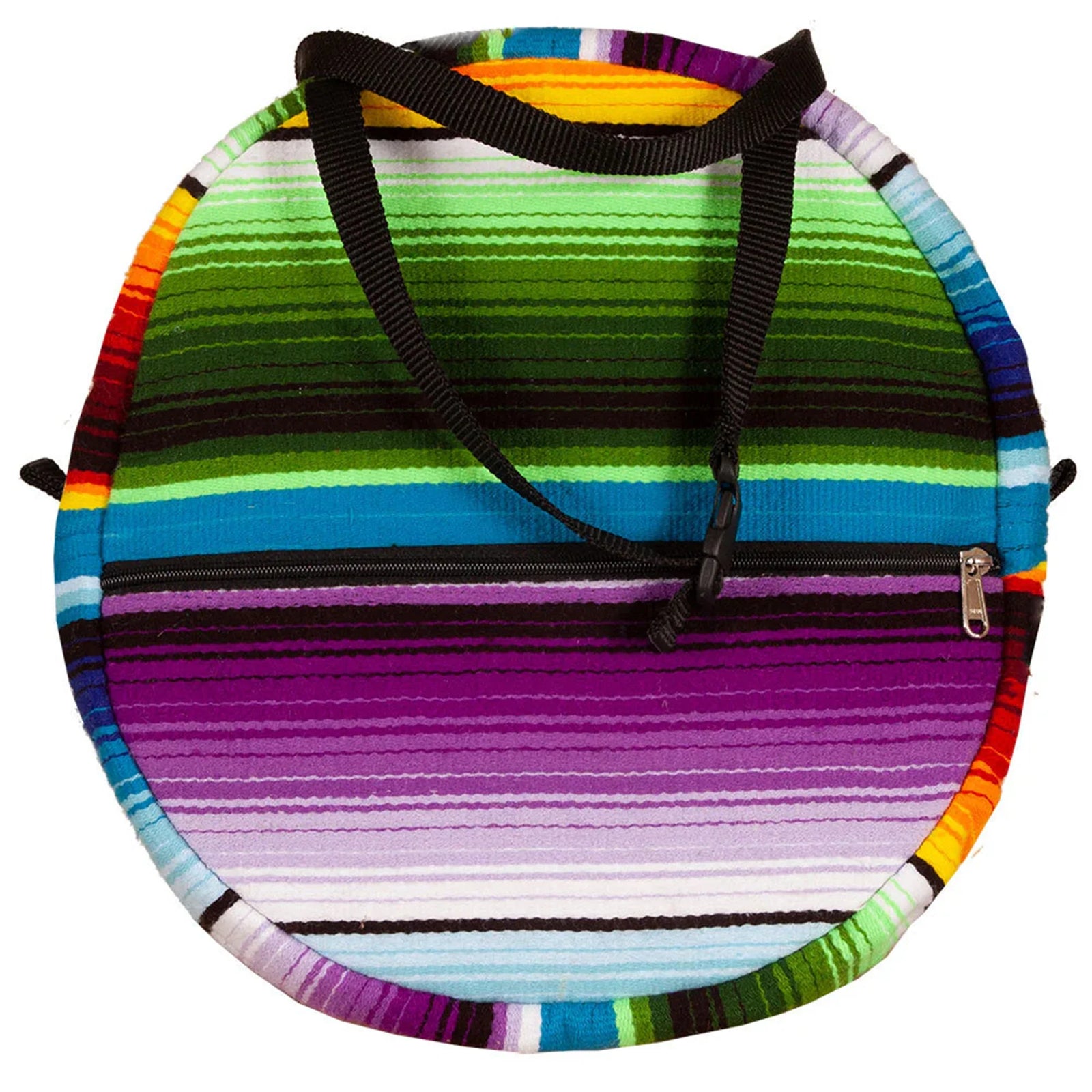 Colorful striped bag with a black strap on a white background