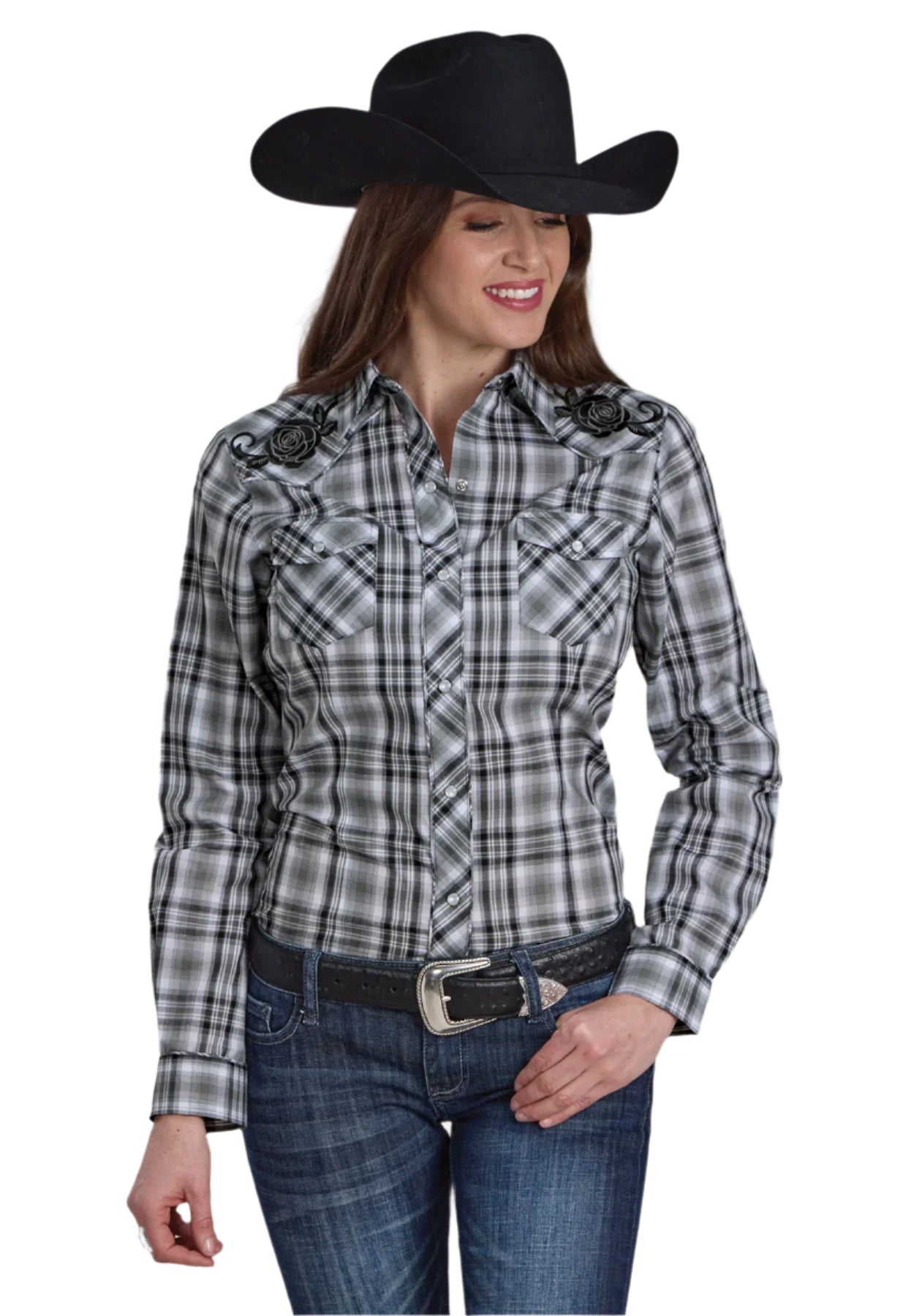 Roper Women's Karman L/S Western Shirt. A woman wearing a long sleeve plaid western style shirt with patch pockets, in grey, black, and white colors, paired with jeans and a cowboy hat.