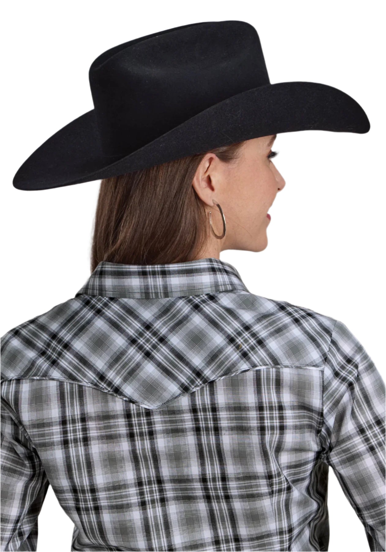 Roper Women's Karman L/S Western Shirt. A woman wearing a long sleeve plaid western style shirt with patch pockets, in grey, black, and white colors, paired with jeans and a cowboy hat.