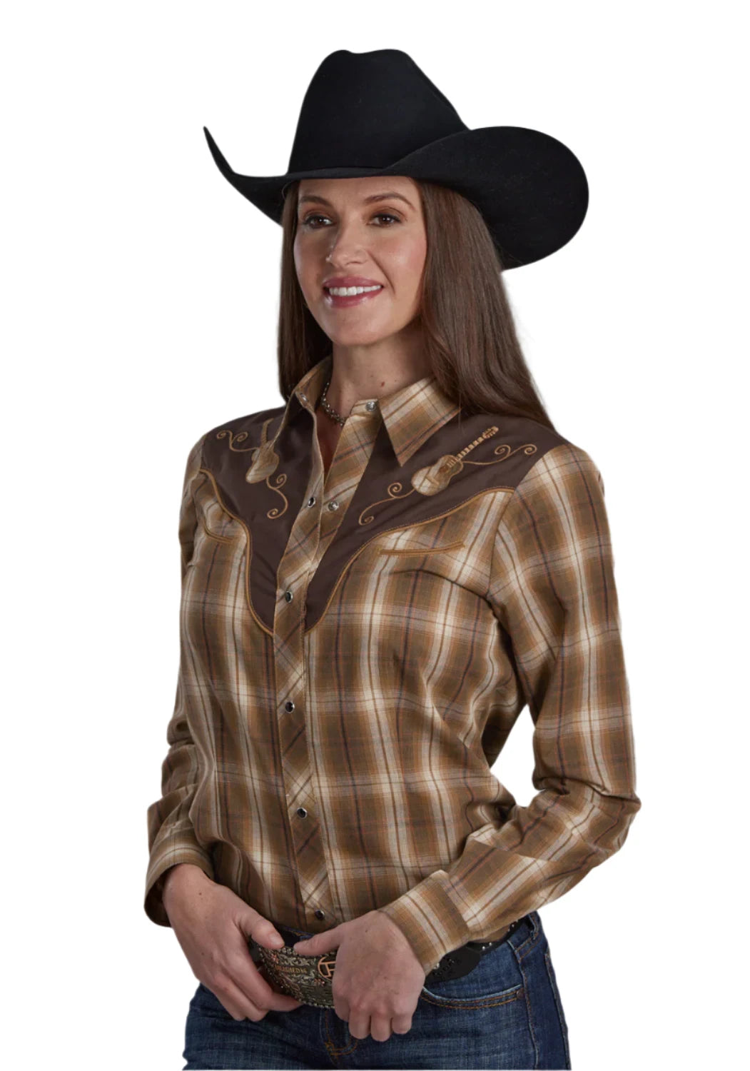 Roper Women's Karman Special L/S Western Shirt. A woman wearing a long sleeve western shirt with a square toe and a strap hat.