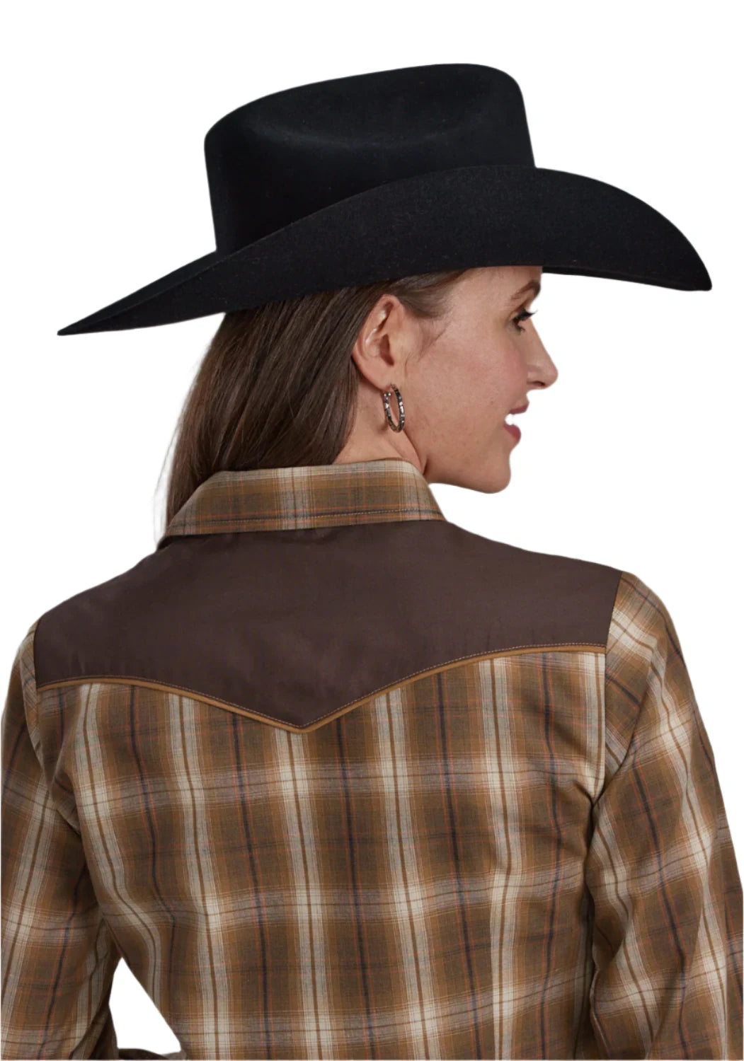 Roper Women's Karman Special L/S Western Shirt. A woman wearing a long sleeve western shirt with a square toe and a strap hat.