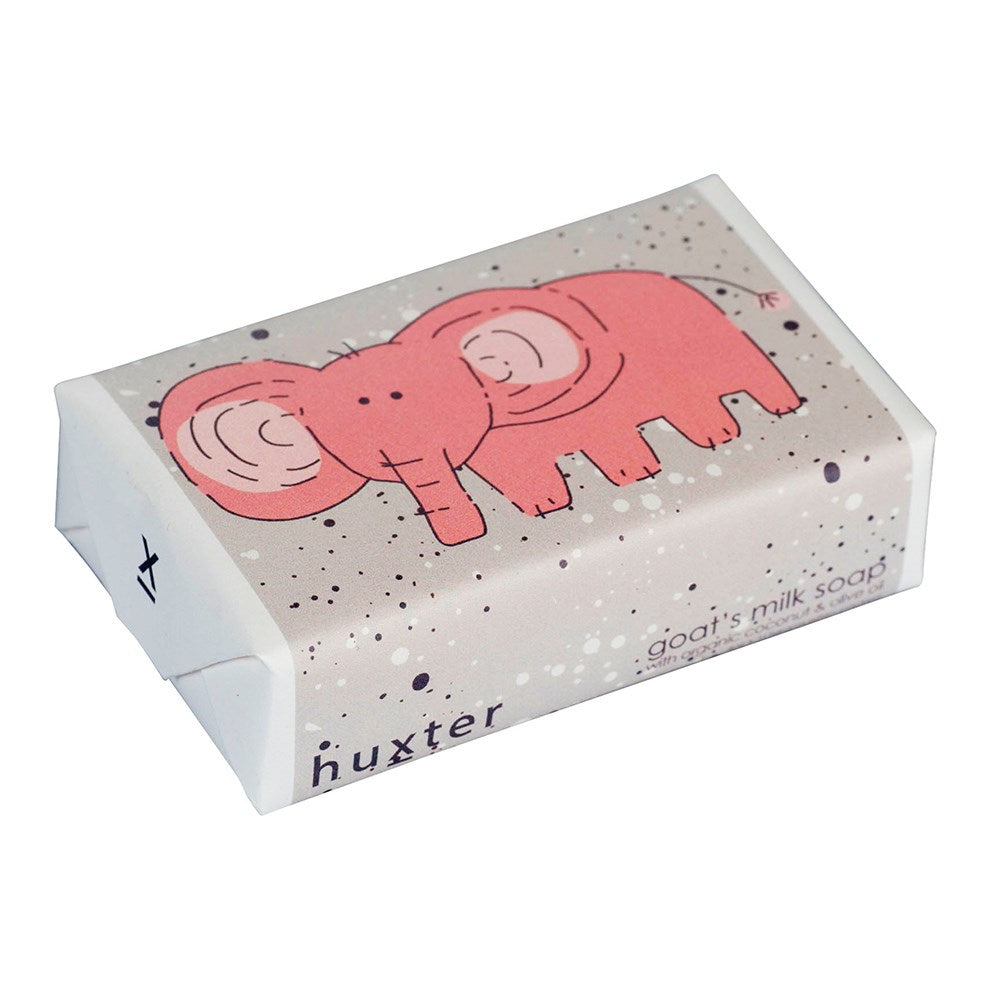 Huxter Baby Pink Elephants with Spots. Box of goat's milk soap with a pink elephant design on a white background