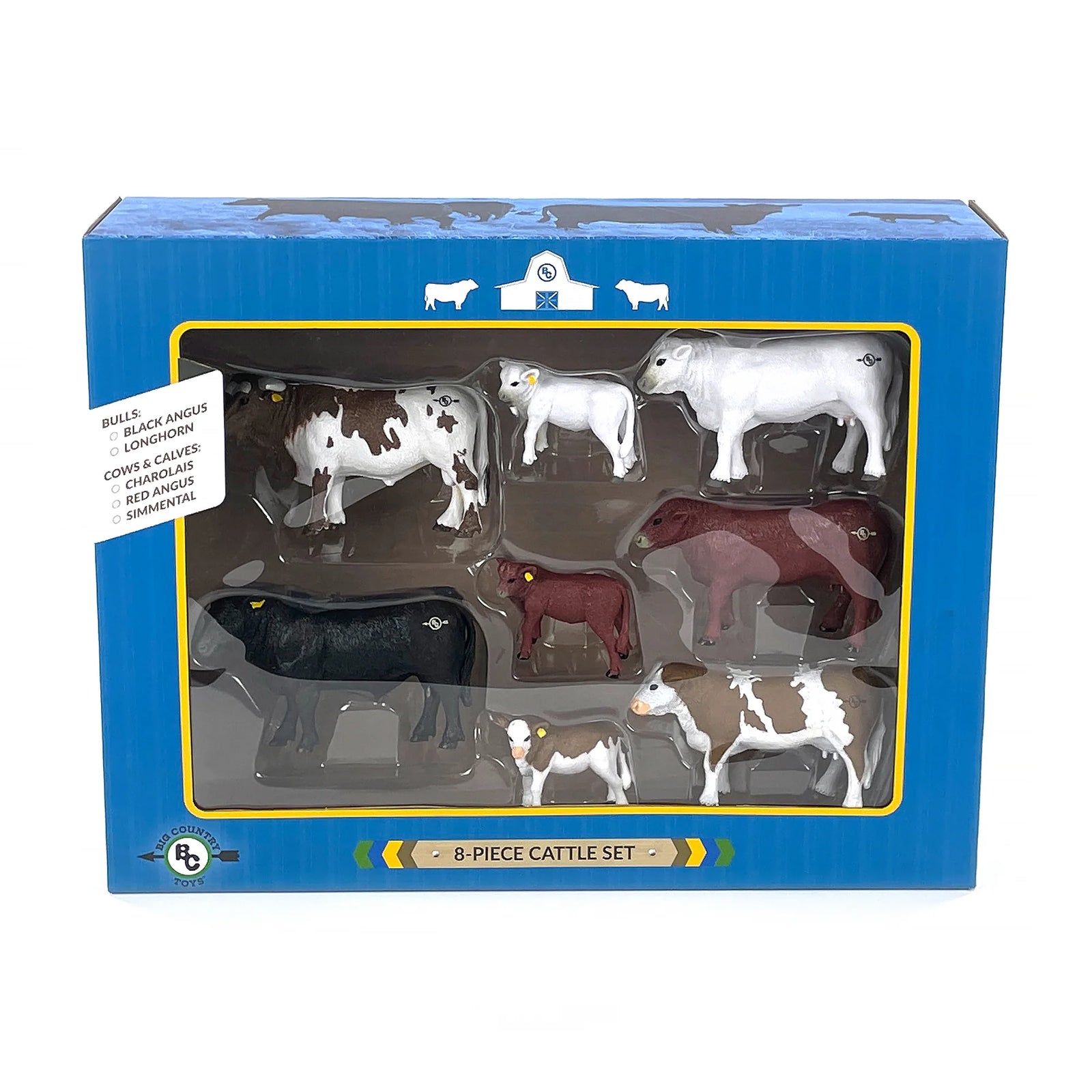 Big Country Toys Cattle Set - 8pc. Set of cow figurines in various colors on a white background