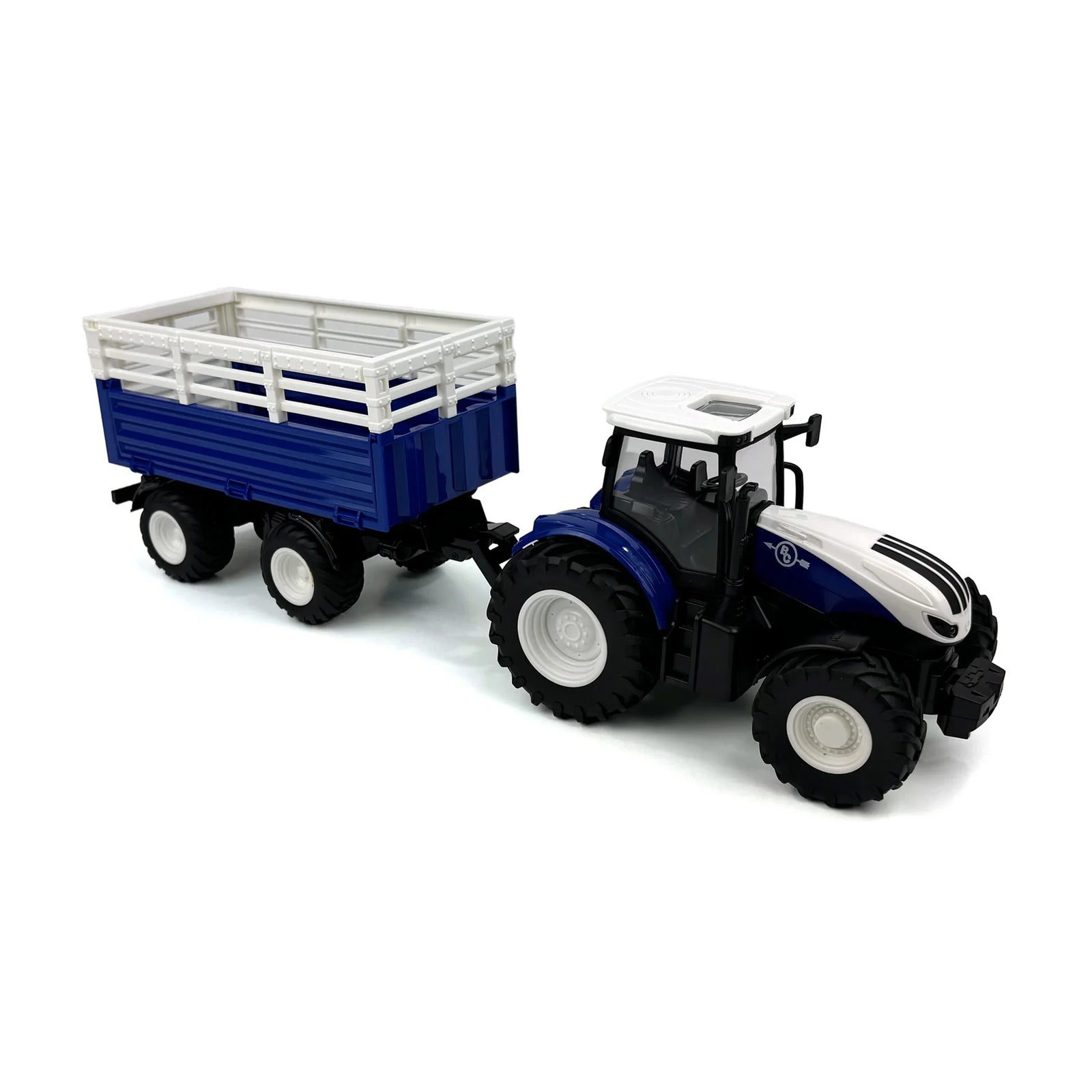 Big Country Toys 1:24 Scale R/C Tractor & Trailer Combo. A blue and white 1:24 scale R/C tractor with a trailer having a working dump bed.