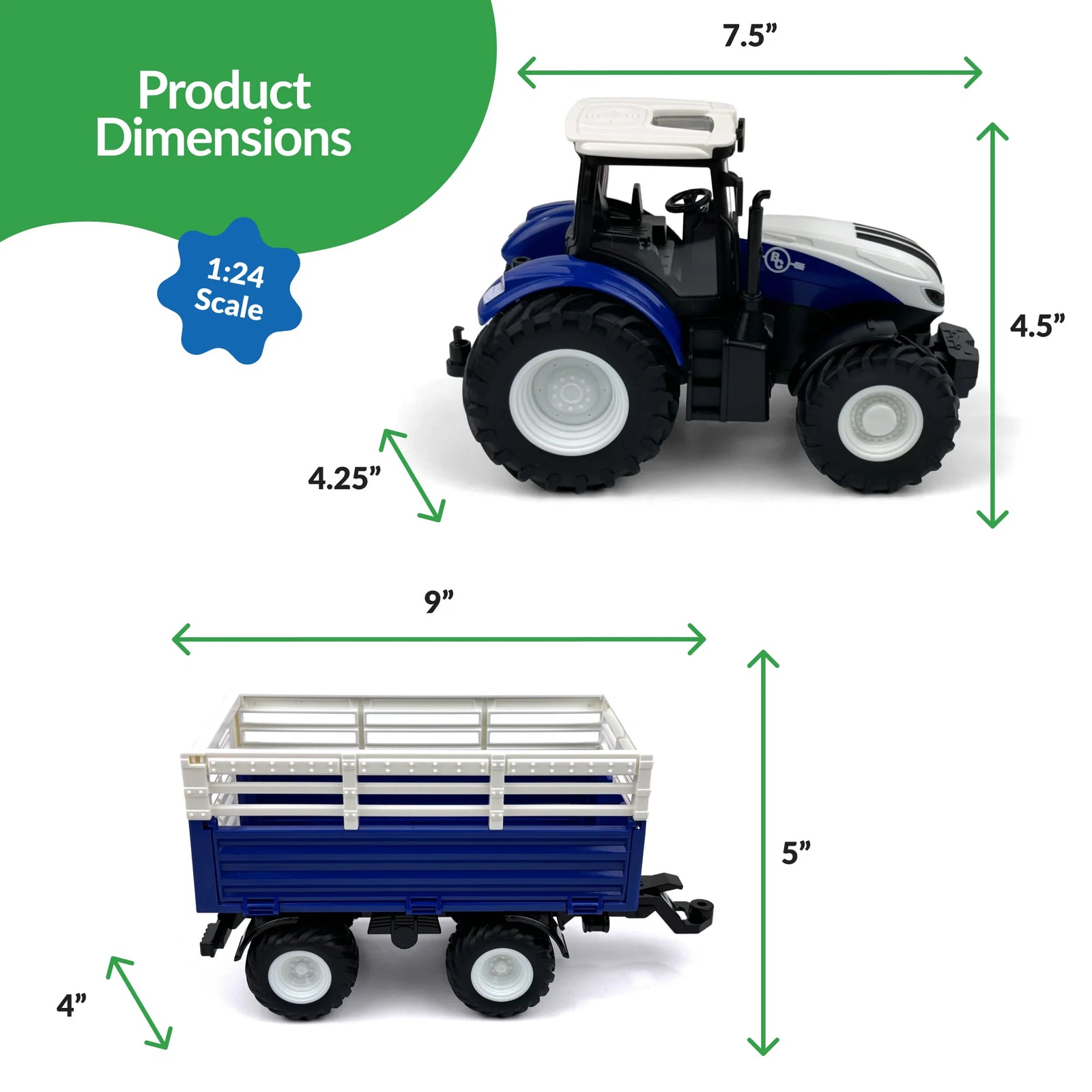 Big Country Toys 1:24 Scale R/C Tractor & Trailer Combo. A blue and white 1:24 scale R/C tractor with a trailer having a working dump bed.