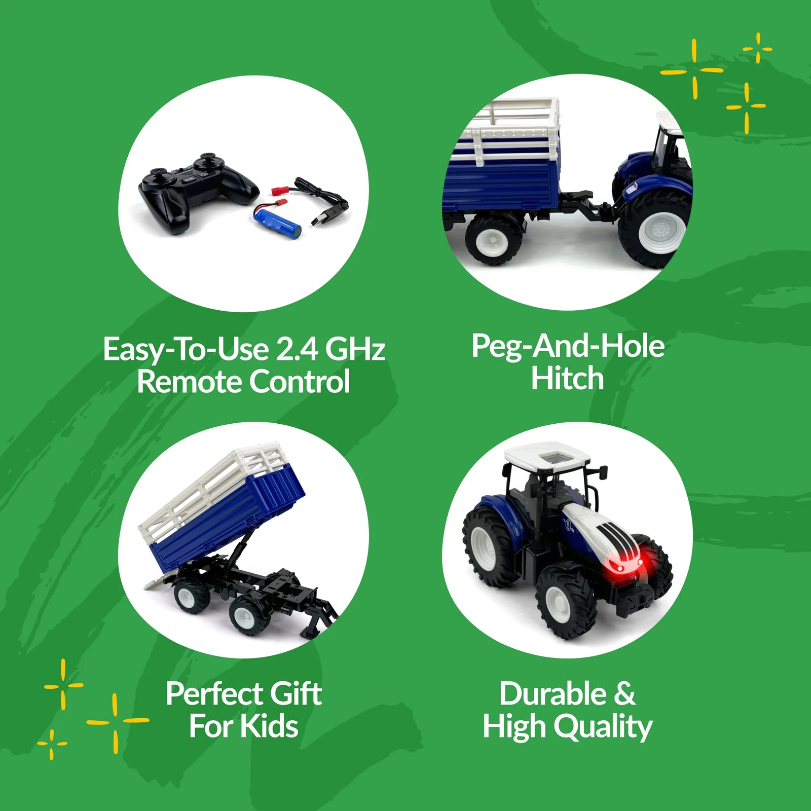 Big Country Toys 1:24 Scale R/C Tractor & Trailer Combo. A blue and white 1:24 scale R/C tractor with a trailer having a working dump bed.