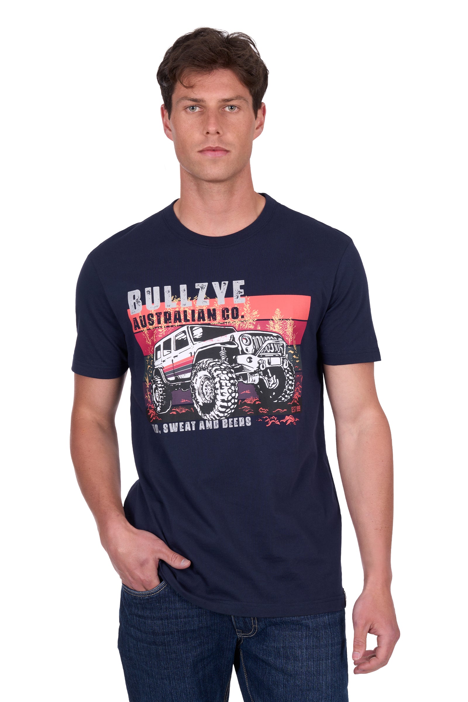 Bullzye Men's Crawford T-Shirt. A man wearing a navy blue t-shirt with a graphic print of a vintage car and the brand name 'Bullzye'.