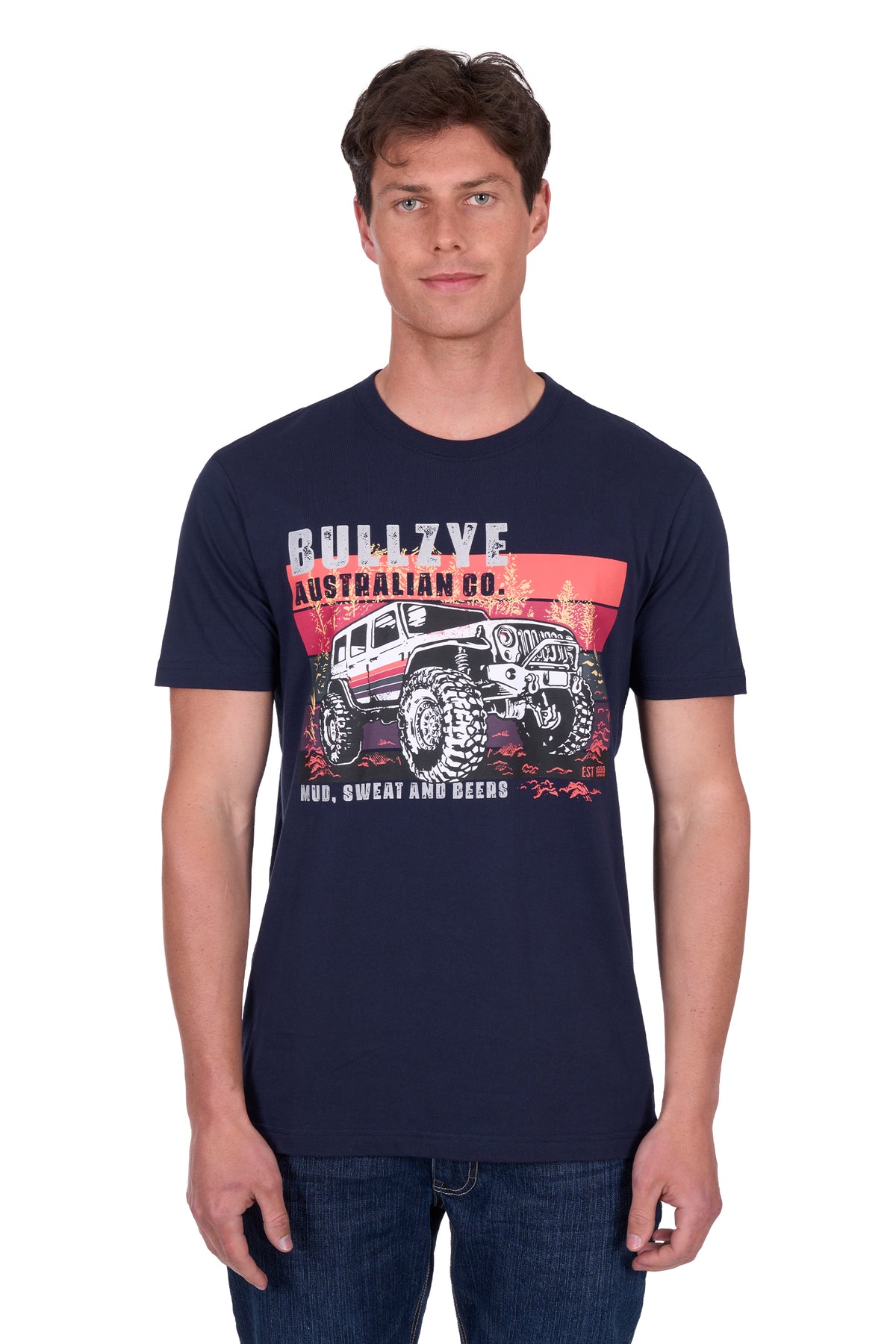 Bullzye Men's Crawford T-Shirt. A man wearing a navy blue t-shirt with a graphic print of a vintage car and the brand name 'Bullzye'.