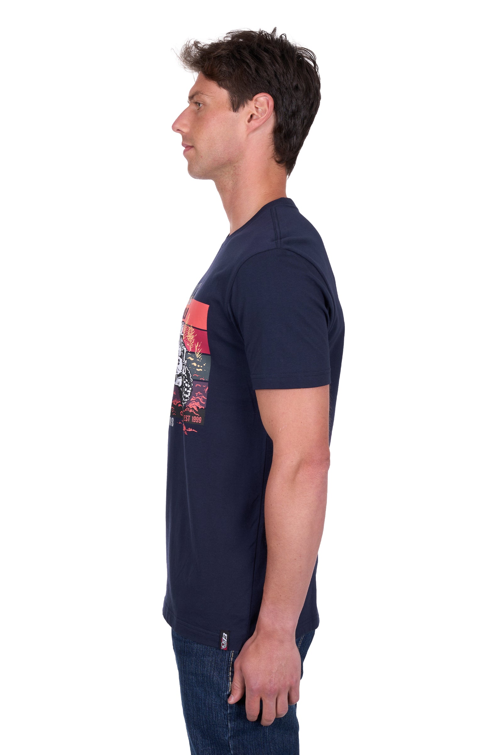 Bullzye Men's Crawford T-Shirt. A side view of a  man wearing a navy blue t-shirt with a graphic print of a vintage car and the brand name 'Bullzye'.