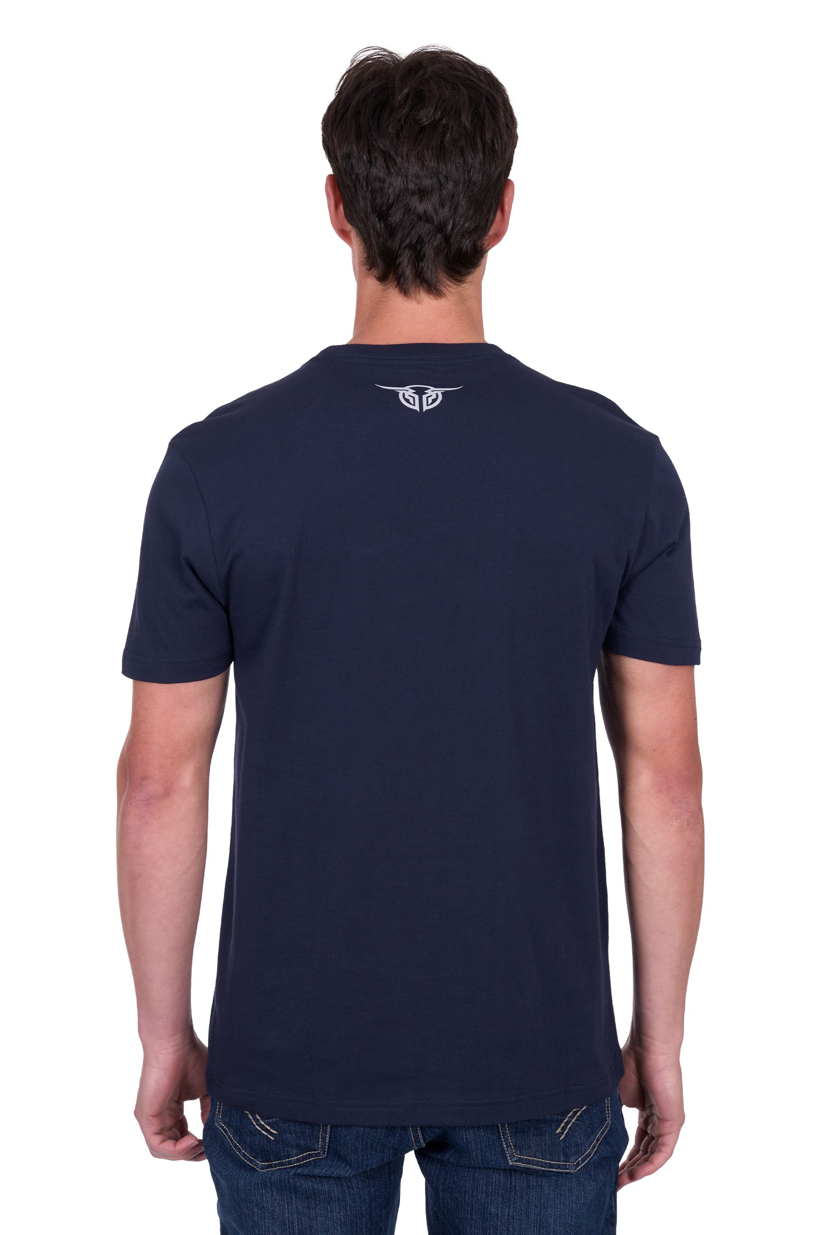 Bullzye Men's Crawford T-Shirt. A rear view of a man wearing a navy blue t-shirt 