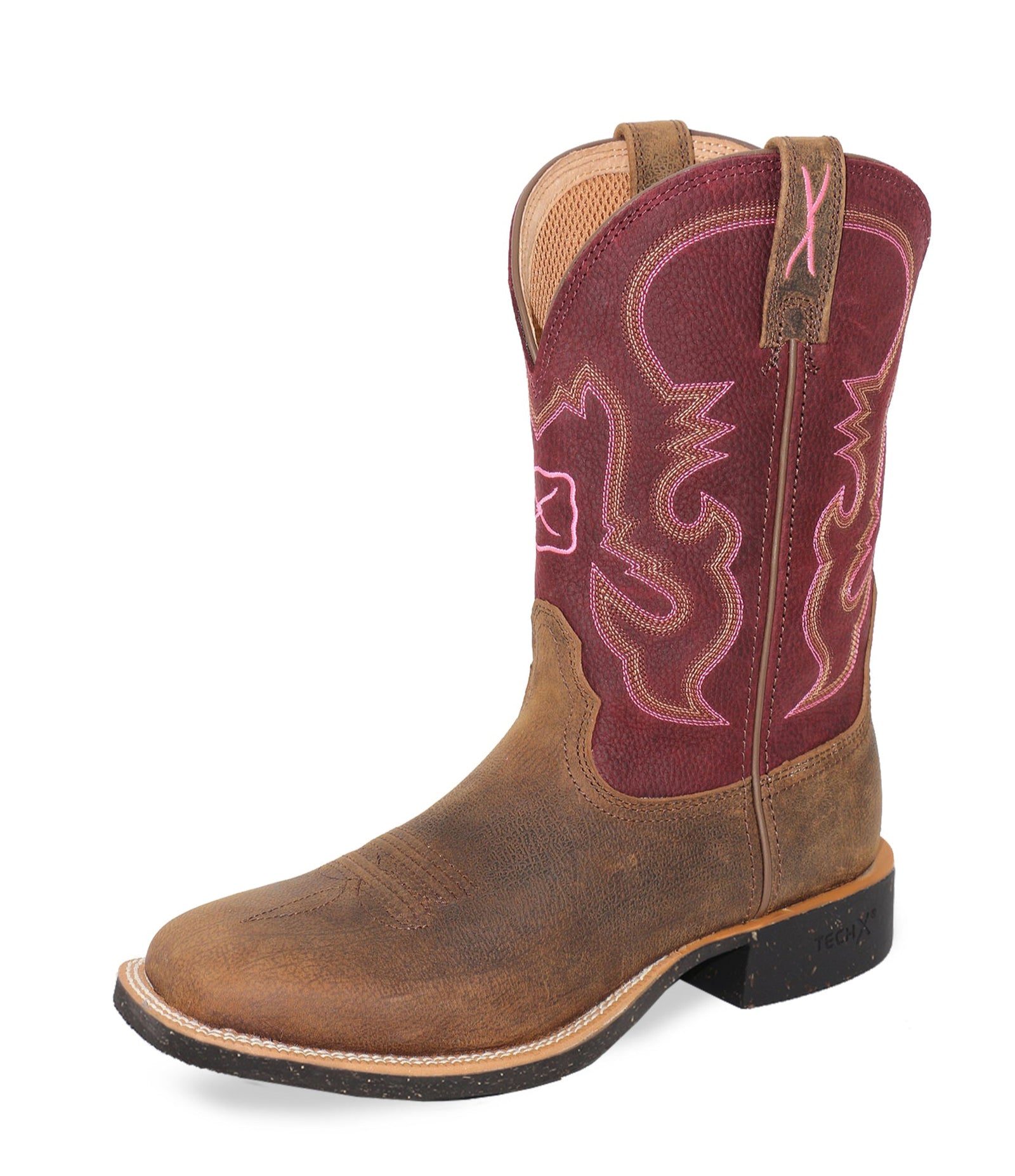Twisted X Women's  11" Pink Tech X2 Western Boot. A women's Twisted X Western boot with a brown toe box and pink shaft.