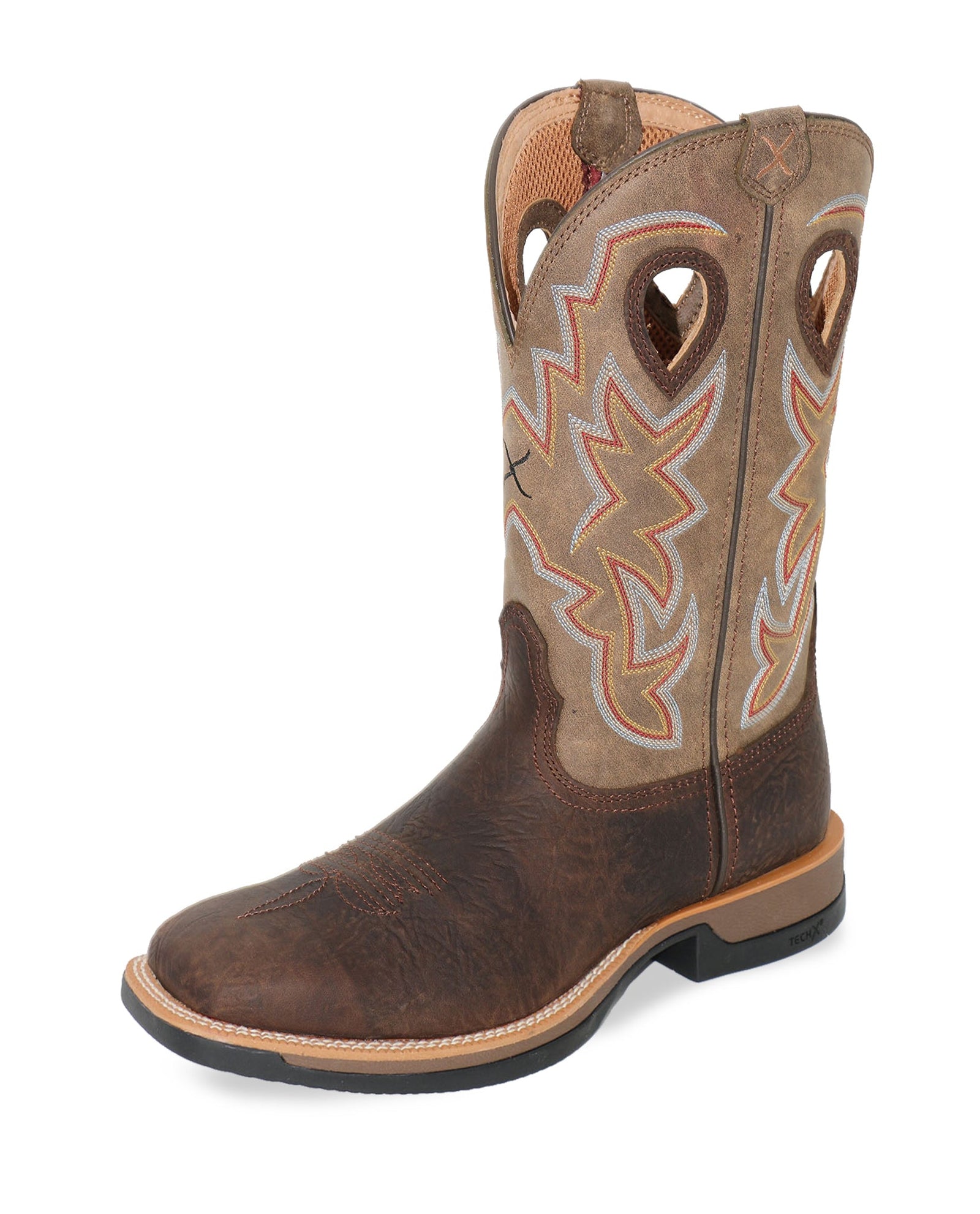 Twisted X Men's 12" Tech X1  Western Boot. A brown and tan Twisted X men's western boot with a unique design on the top.