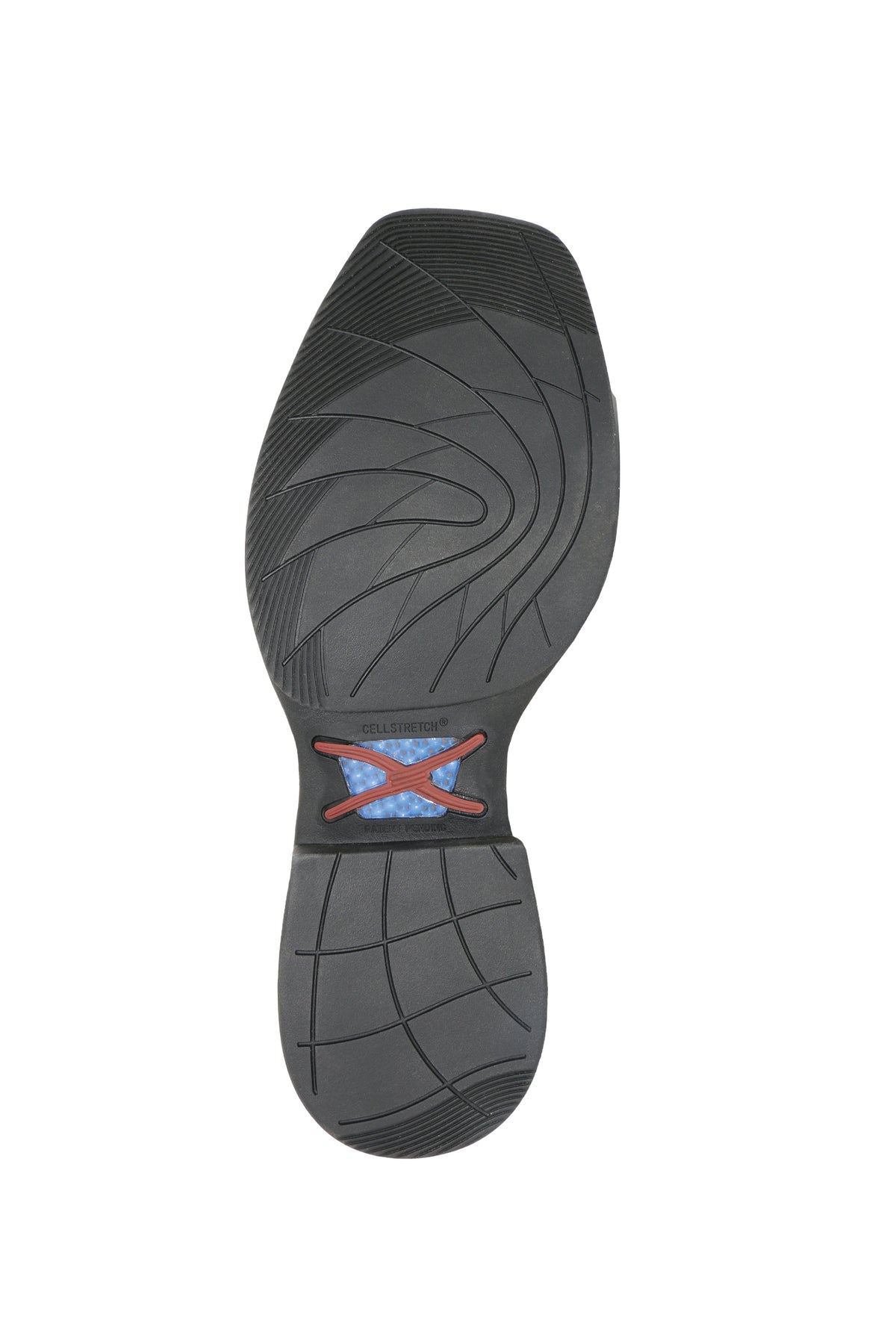 Twisted X Men's 12" Tech X1  Western Boot. Black shoe sole with a brand logo on a white background