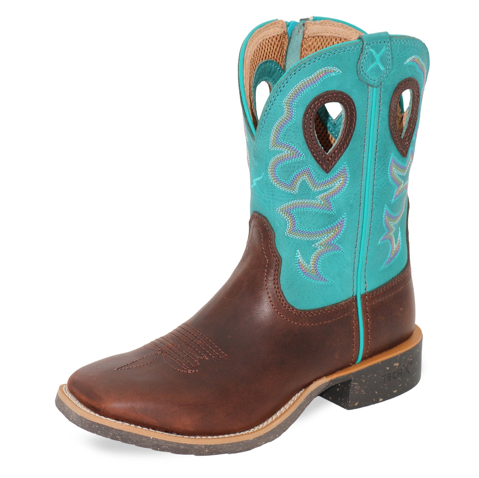 Twisted X Women's 9" Tech 2 Zip Western Boot. A women's Twisted X Western boot with a brown leather upper and turquoise blue accents, featuring a low heel and a round toe style.