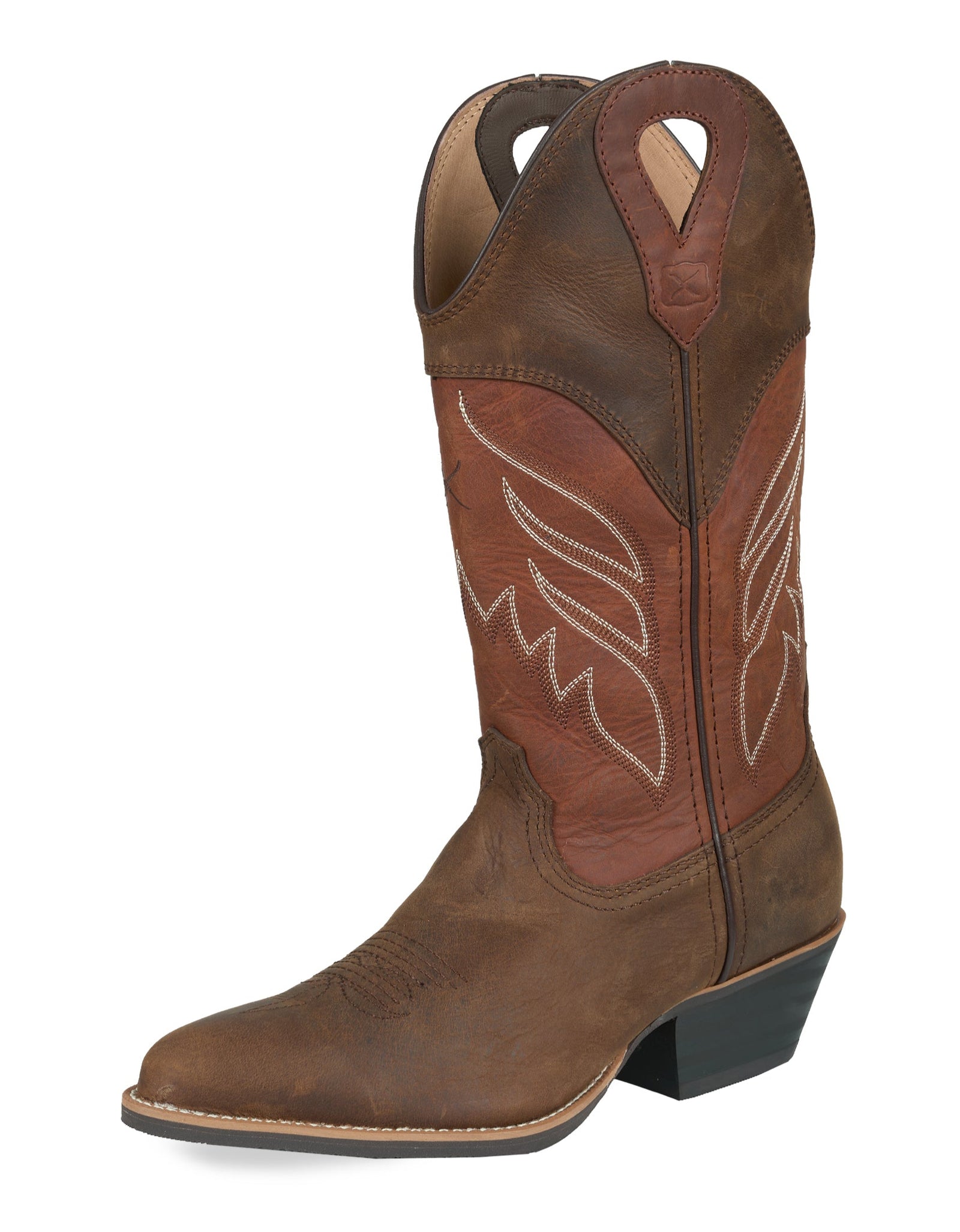 Twisted X Women's 12" Dual Tone Western Boot. A women's 12-inch dual-tone brown western boot with a pointed toe and dual pull tabs on the side.