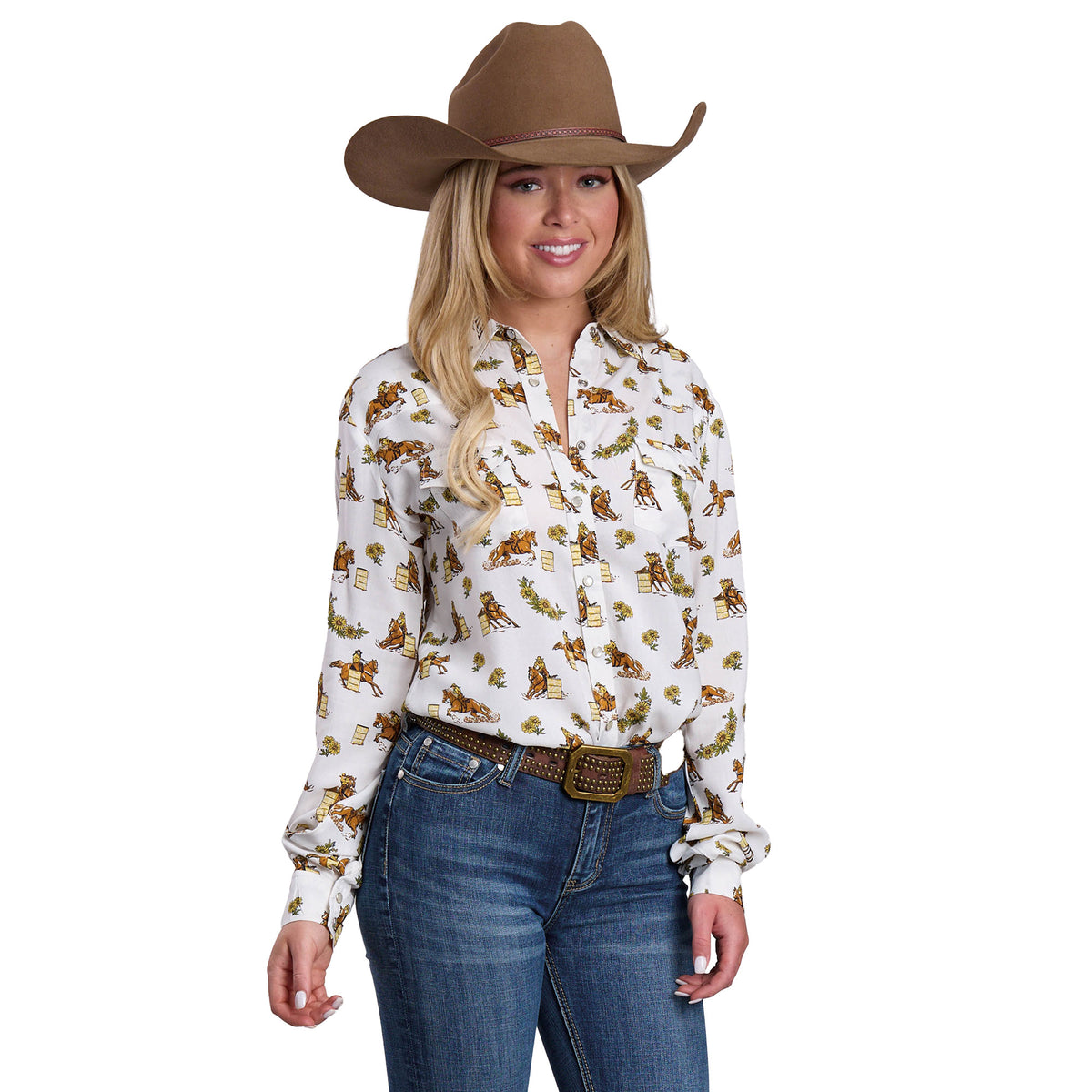 Woman wearing a patterned shirt, jeans, and a cowboy hat on a white background