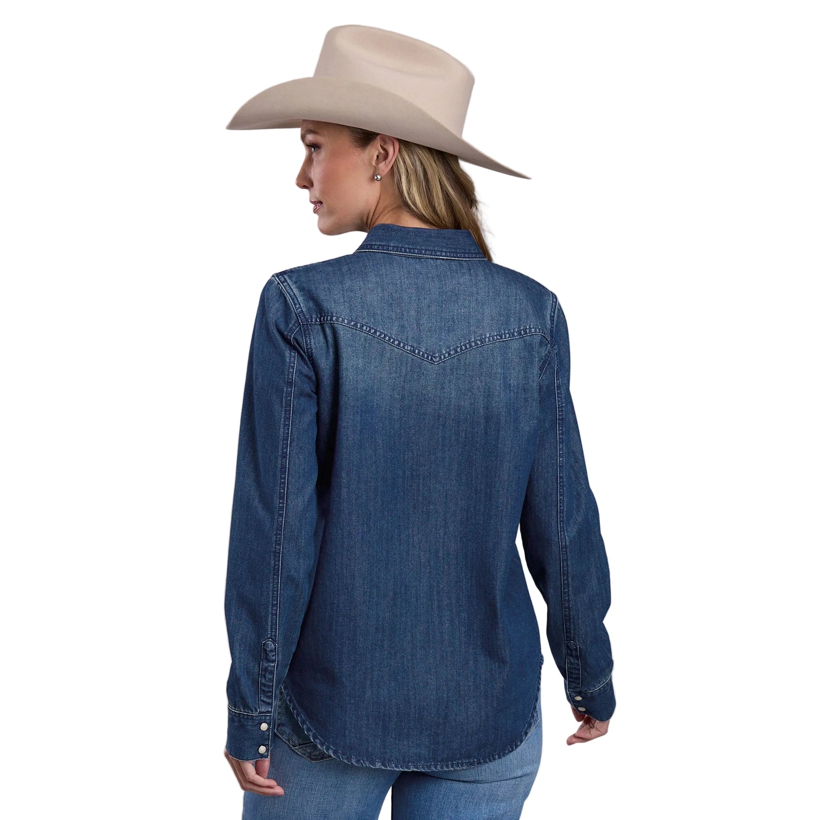 Person wearing a blue denim shirt and beige cowboy hat on a gray background